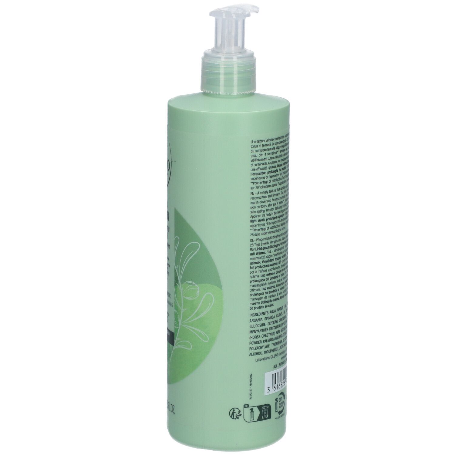 Grüne Flasche mit Pumpe. Rückseite mit Text. Inhaltsstoffe, Herstellerinformationen, Chargennummer und Logos.