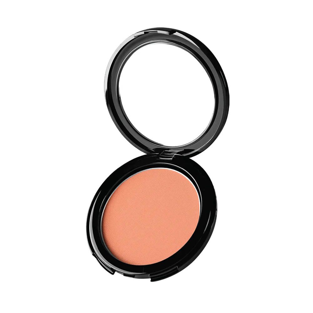 Blush compact ouvert, avec miroir. Boîtier noir, contenu rosé. Le miroir reflète le contenu.