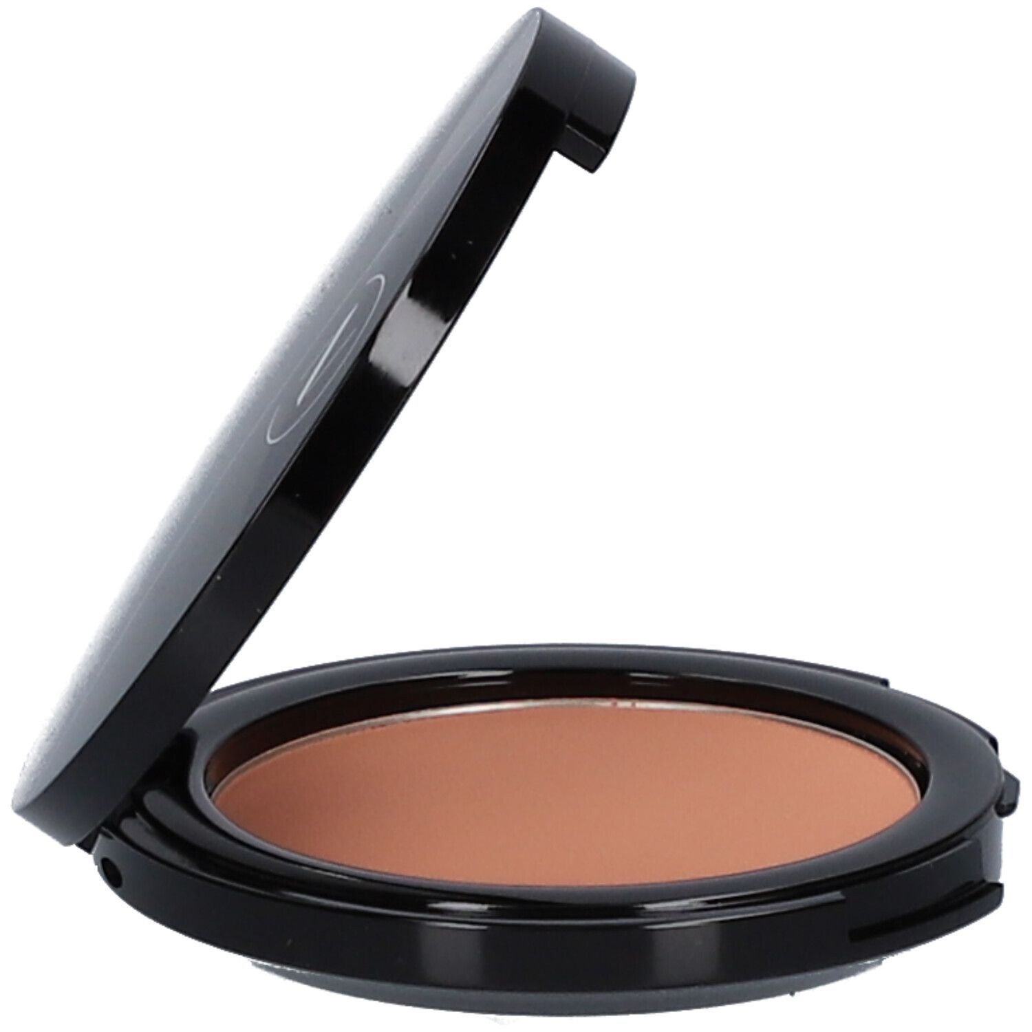 Kompakt-Blush, geöffnet. Schwarzes Gehäuse, rosafarbener Inhalt. Gehäuse leicht geöffnet.