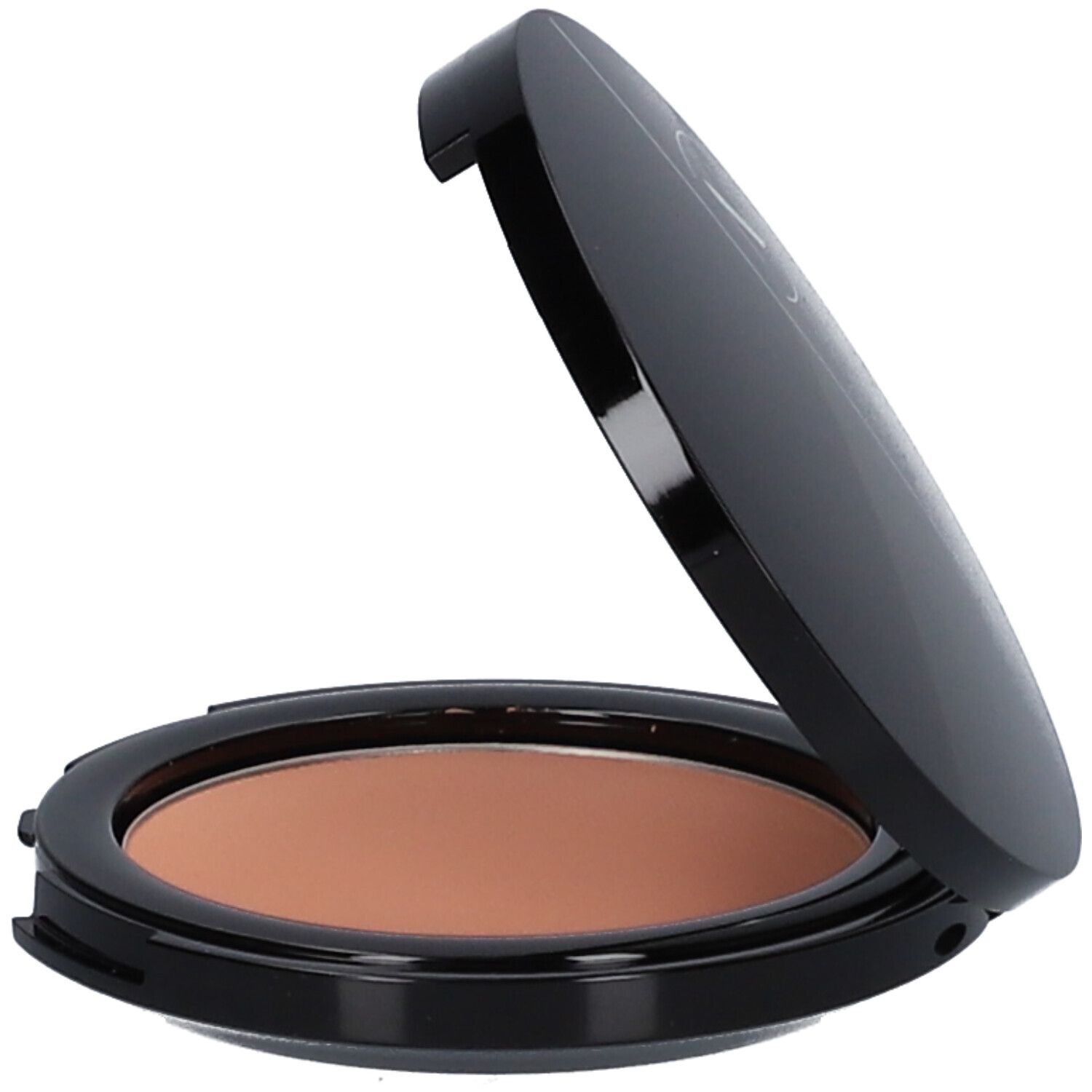 Kompakt-Blush, geöffnet. Schwarzes Gehäuse, rosafarbener Inhalt. Gehäuse leicht geöffnet.