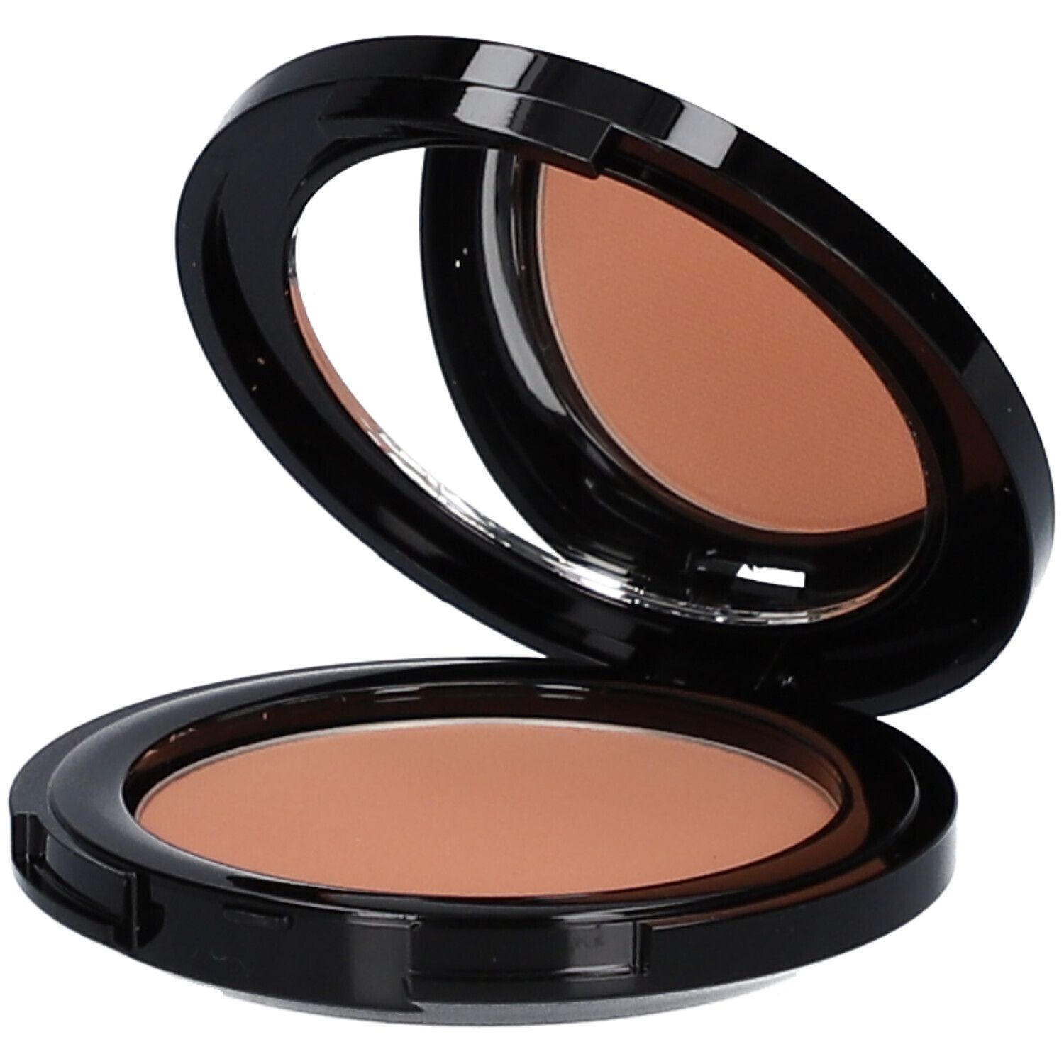 Kompakt-Blush, geöffnet, mit Spiegel. Schwarzes Gehäuse, rosafarbener Inhalt. Spiegel reflektiert den Inhalt.