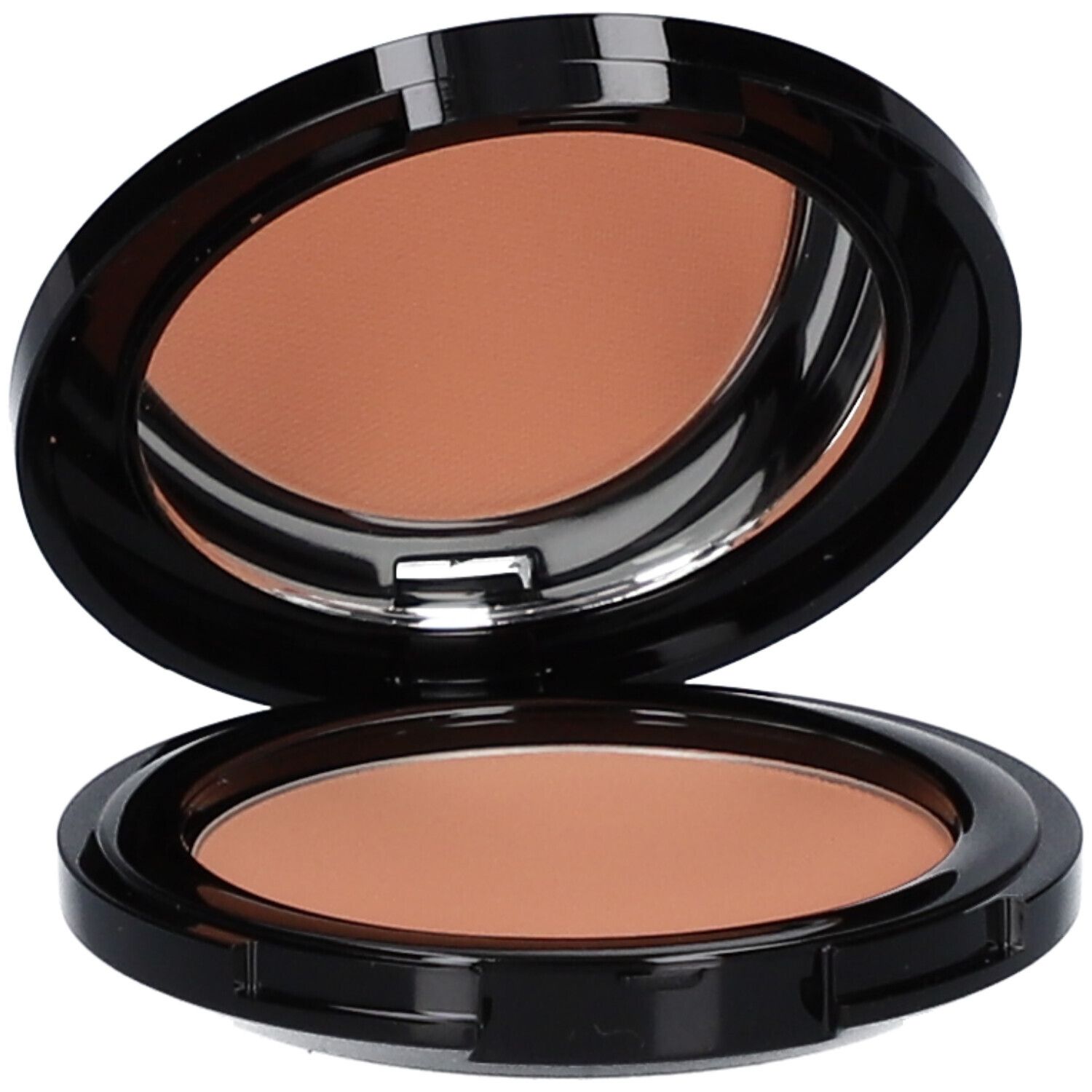 Kompakt-Blush, geöffnet, mit Spiegel. Schwarzes Gehäuse, rosafarbener Inhalt. Spiegel reflektiert den Inhalt.