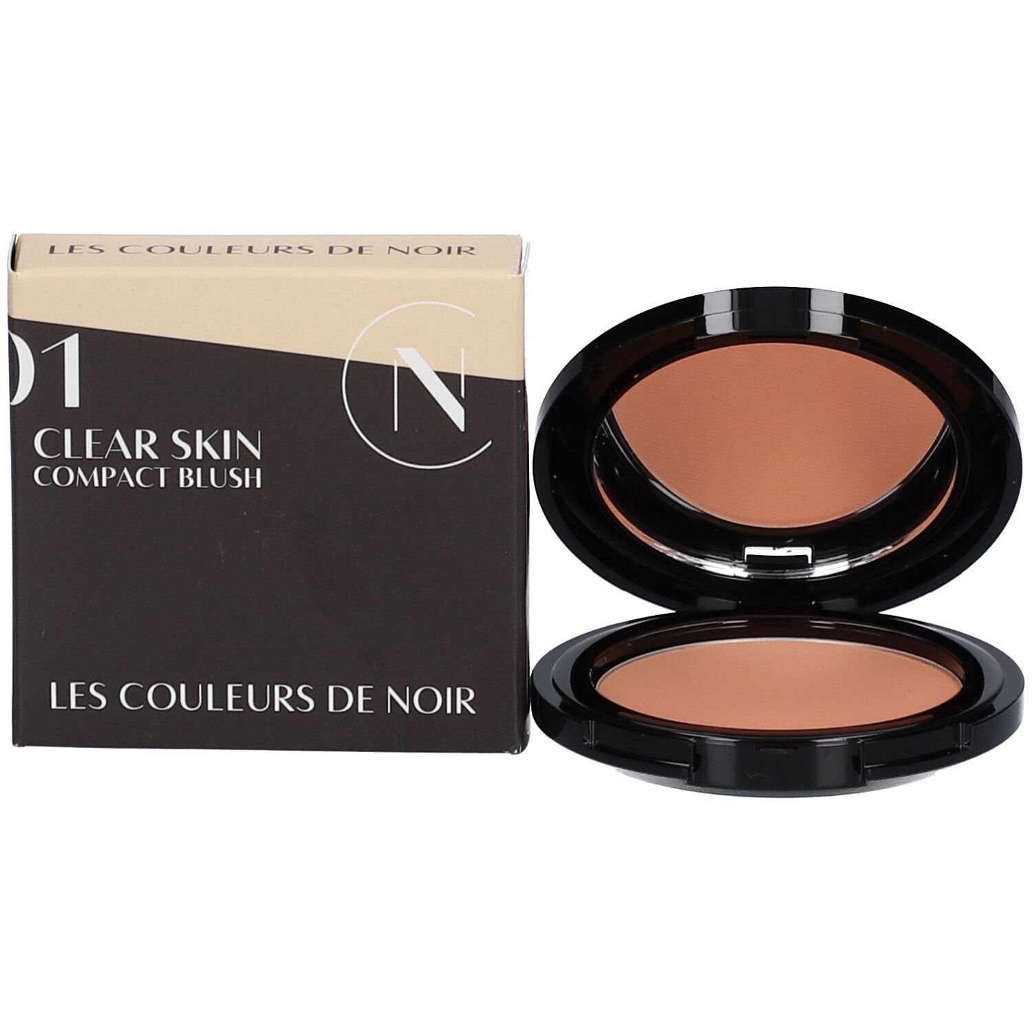 Kompakt-Blush und Verpackung. Schwarze Verpackung mit Text und Logo. Blush geöffnet.