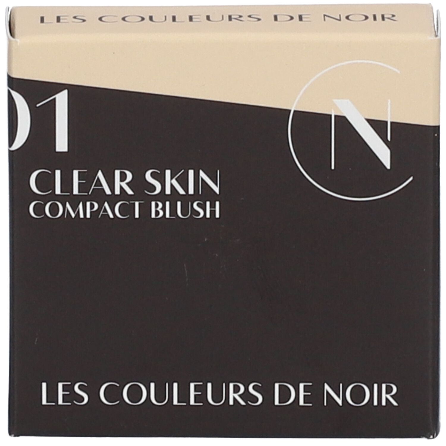 Verpackung des Kompakt-Blushs. Schwarze Verpackung mit Text und Logo.