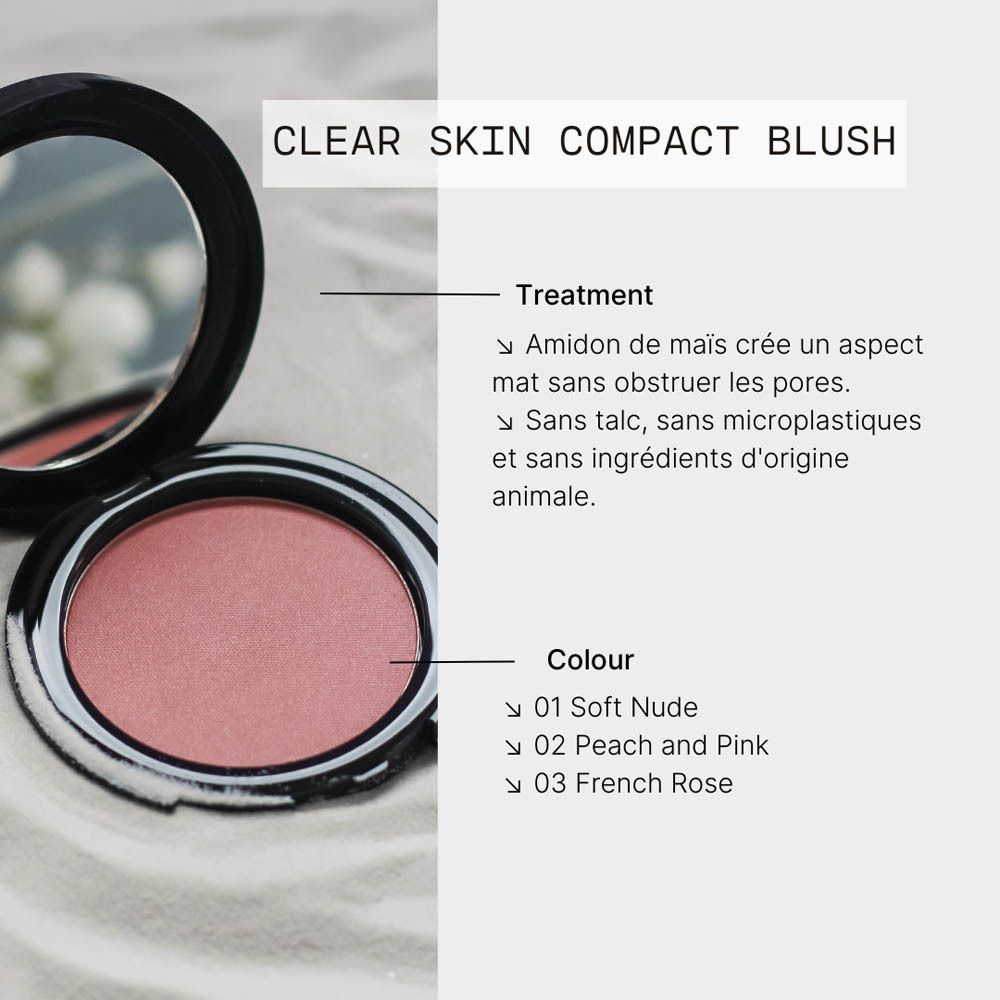 Blush compact ouvert, avec miroir. Boîtier noir, contenu rosé. Le miroir reflète le contenu.