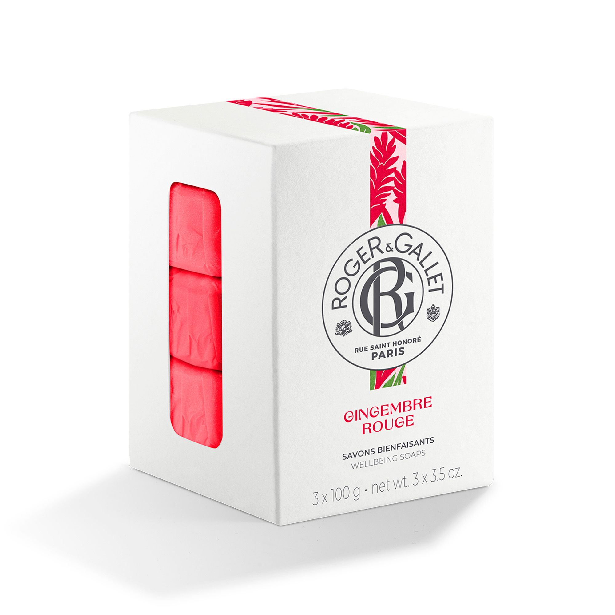 Savon rouge plié dans du papier rouge. Logo Roger & Gallet. Inscription: Gingembre Rouge.