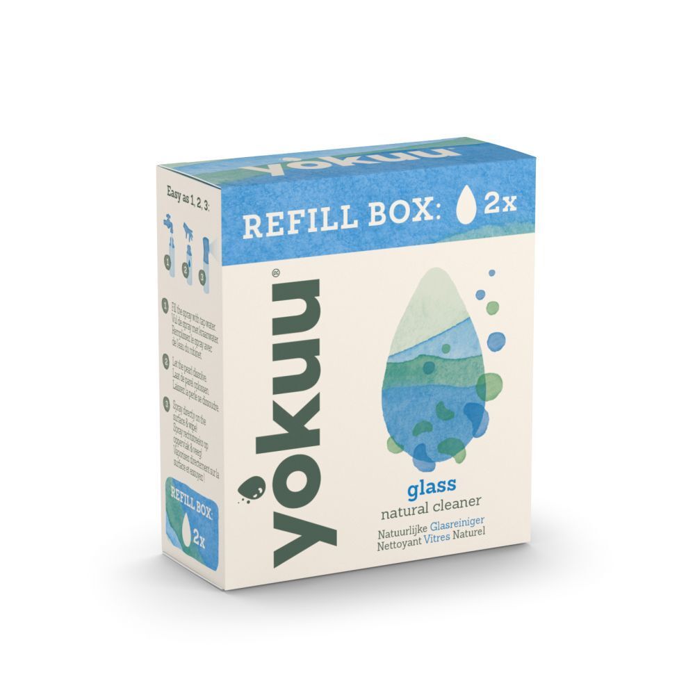 Kartonverpackung für Glasreiniger. Aufdruck: yokuu, Refill Box, 2x. Abbildung: Wassertropfen-Design.