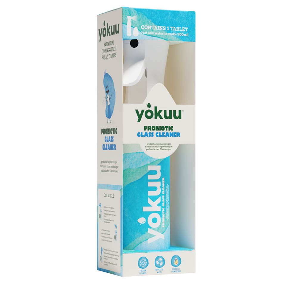 Emballage avec flacon pulvérisateur. Marque : yokuu. Nom et logo du produit. Éléments bleus et verts. Kit de démarrage.
