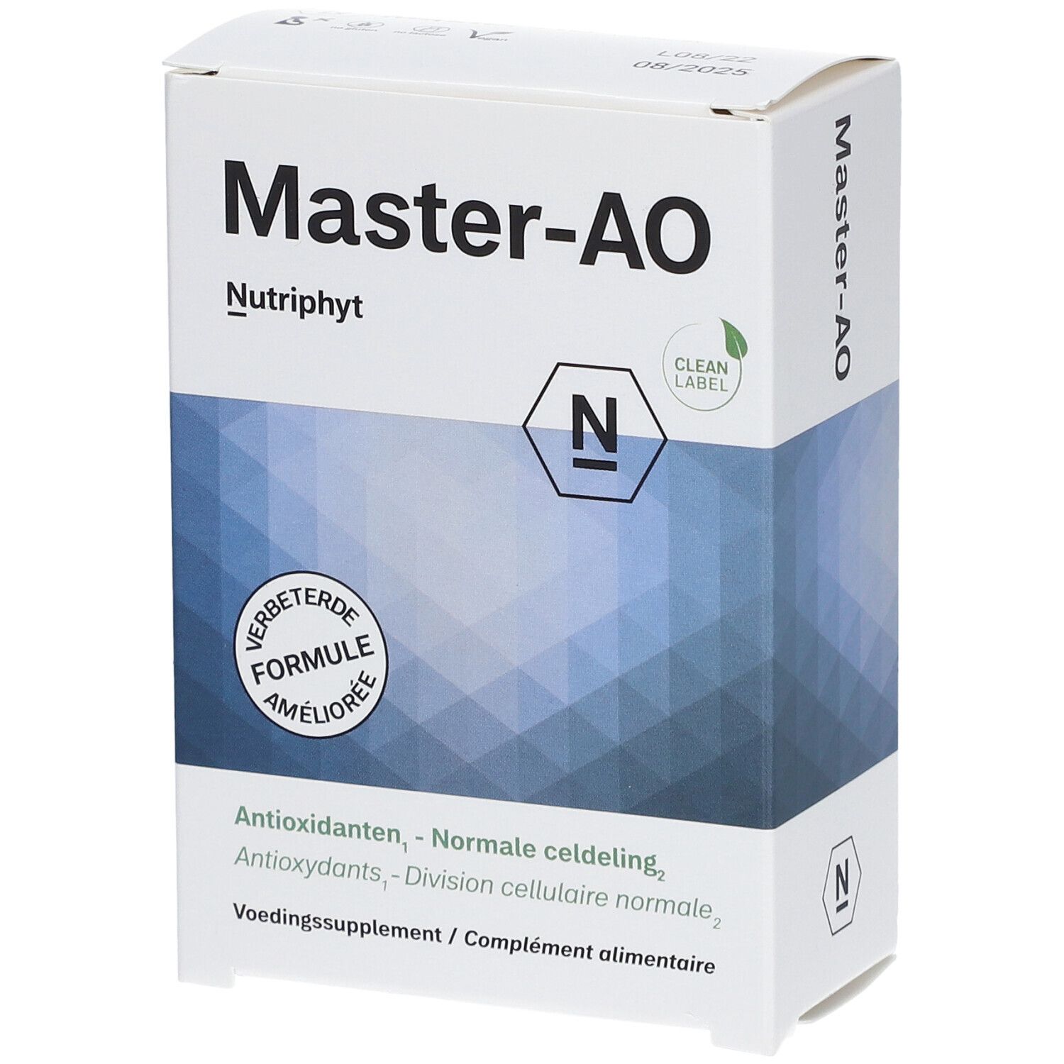 Weiße Schachtel mit „Master-AO“ und „Nutriphyt“-Logo. Text: Antioxidantien, normale Zellteilung. Mit „Clean Label“ Siegel.