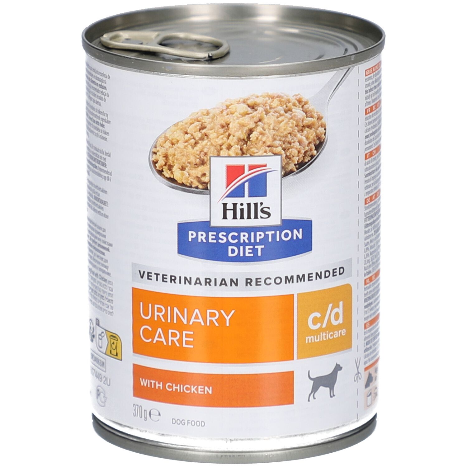 Hills Prescription Diet Urinary Care c/d, Hundefutter in Dose. Mit Huhn. Dose mit Deckel und Lasche. Futter sichtbar.
