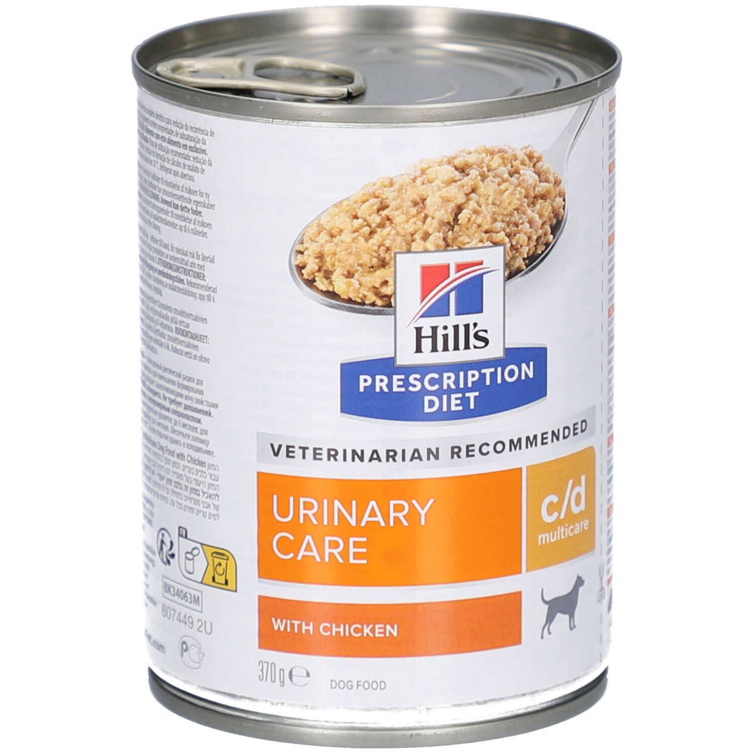 Hundefutterdose mit Text. Hill's Prescription Diet Urinary Care c/d. Text in mehreren Sprachen. Barcode und Produktinformationen.