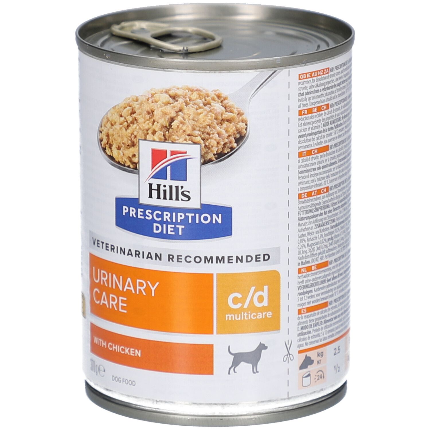 Hundefutterdose mit Text. Hill's Prescription Diet Urinary Care c/d. Text in mehreren Sprachen. Barcode und Produktinformationen.