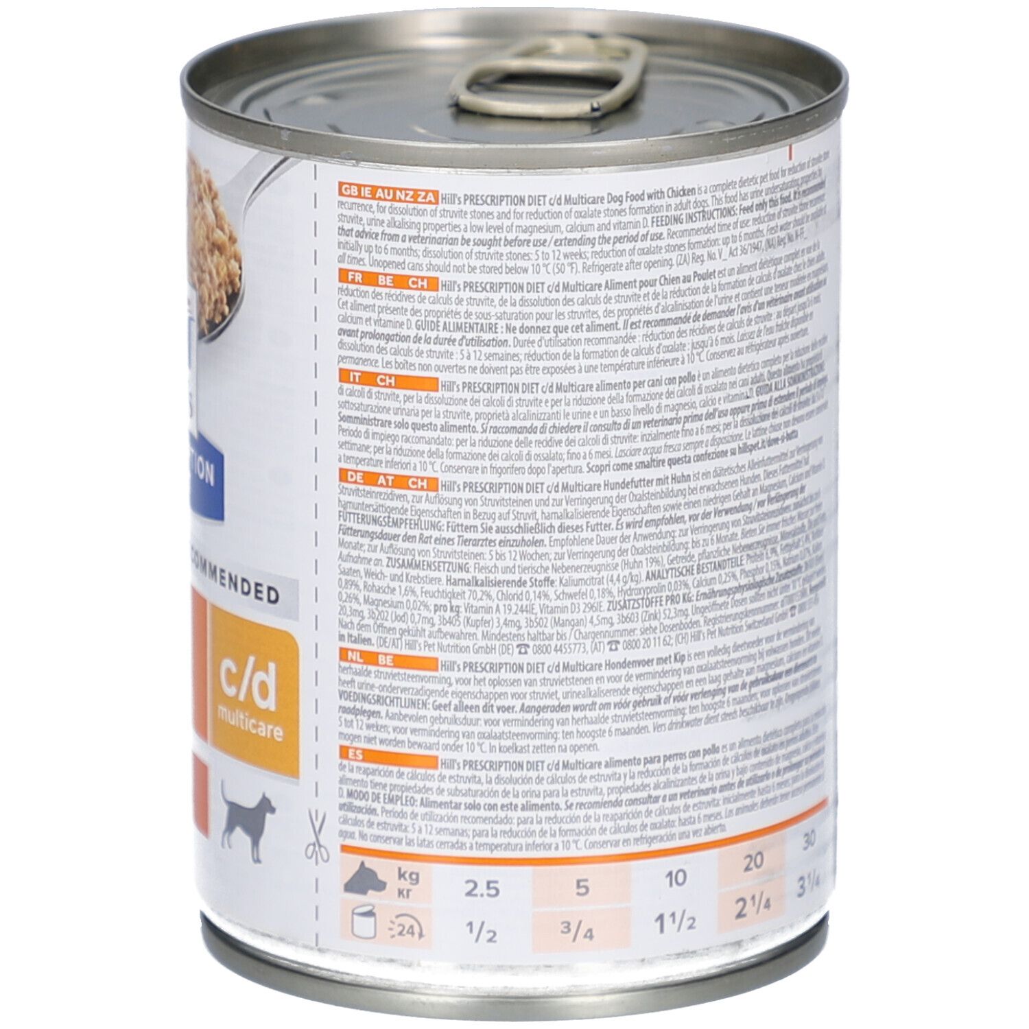 Hundefutterdose mit Text. Hill's Prescription Diet Urinary Care c/d. Text in mehreren Sprachen. Barcode und Produktinformationen.