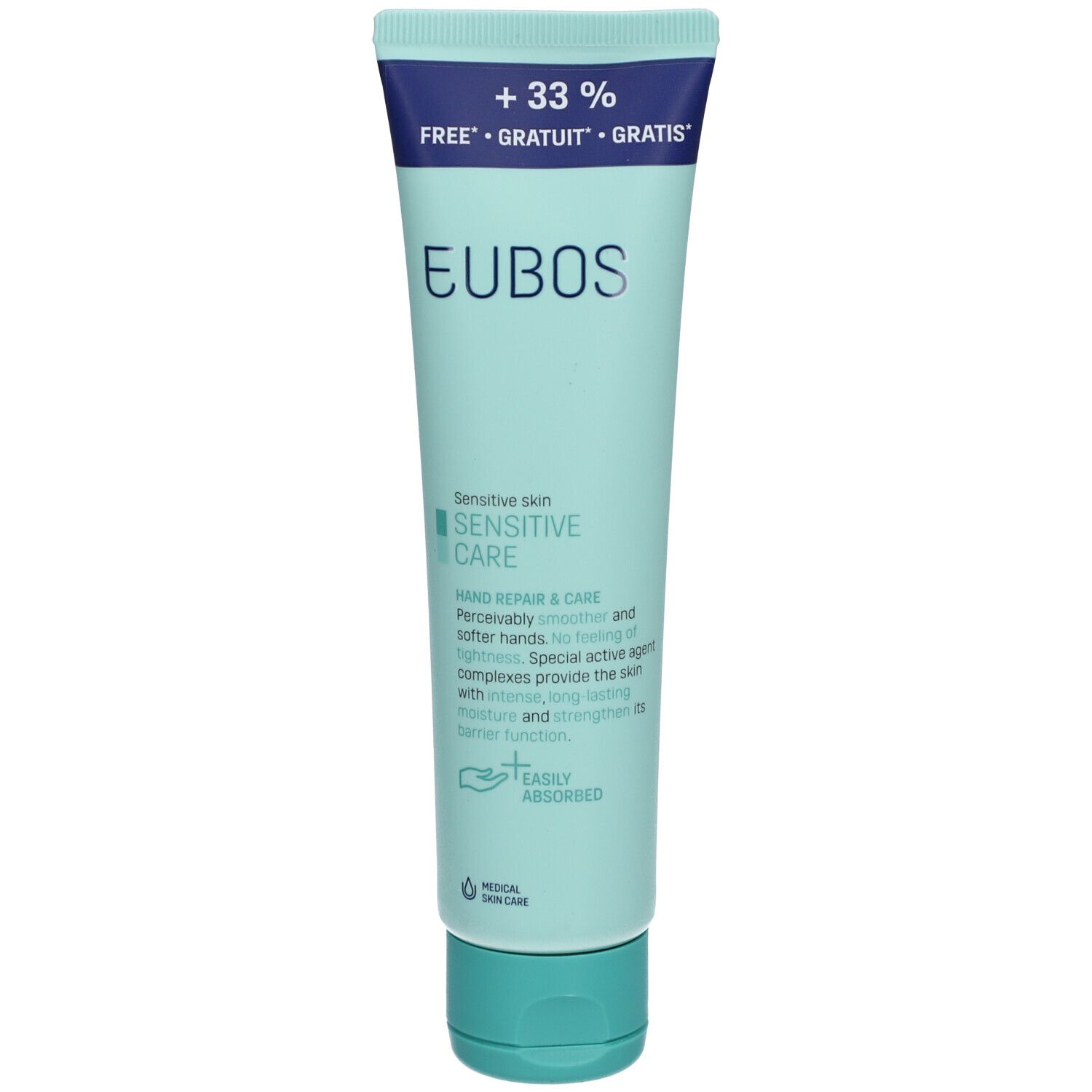 Hellgrüne Tube mit blauem Deckel. Aufschrift: EUBOS, Sensitive Care, Hand Repair & Care.  +33% Free.