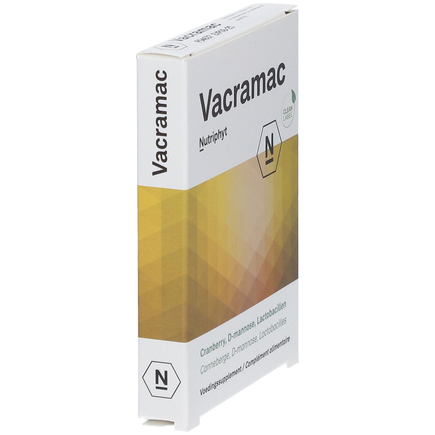 Boîte blanche "Vacramac" et "Nutriphyt". Vue en biais. Contient cranberry, D-mannose et lactobacilles.
