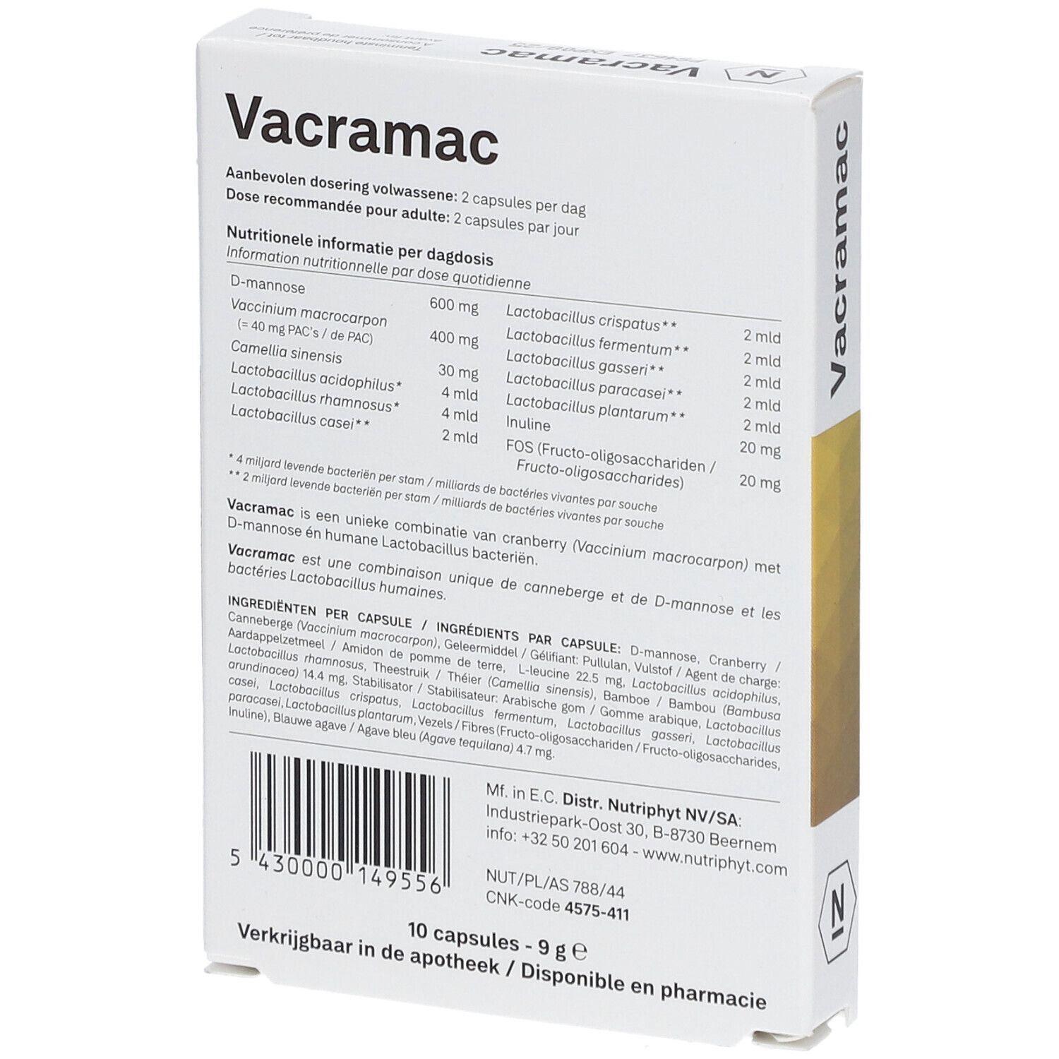 Dos de l'emballage "Vacramac". Contient informations nutritionnelles et liste des ingrédients. 10 gélules, 9 g.