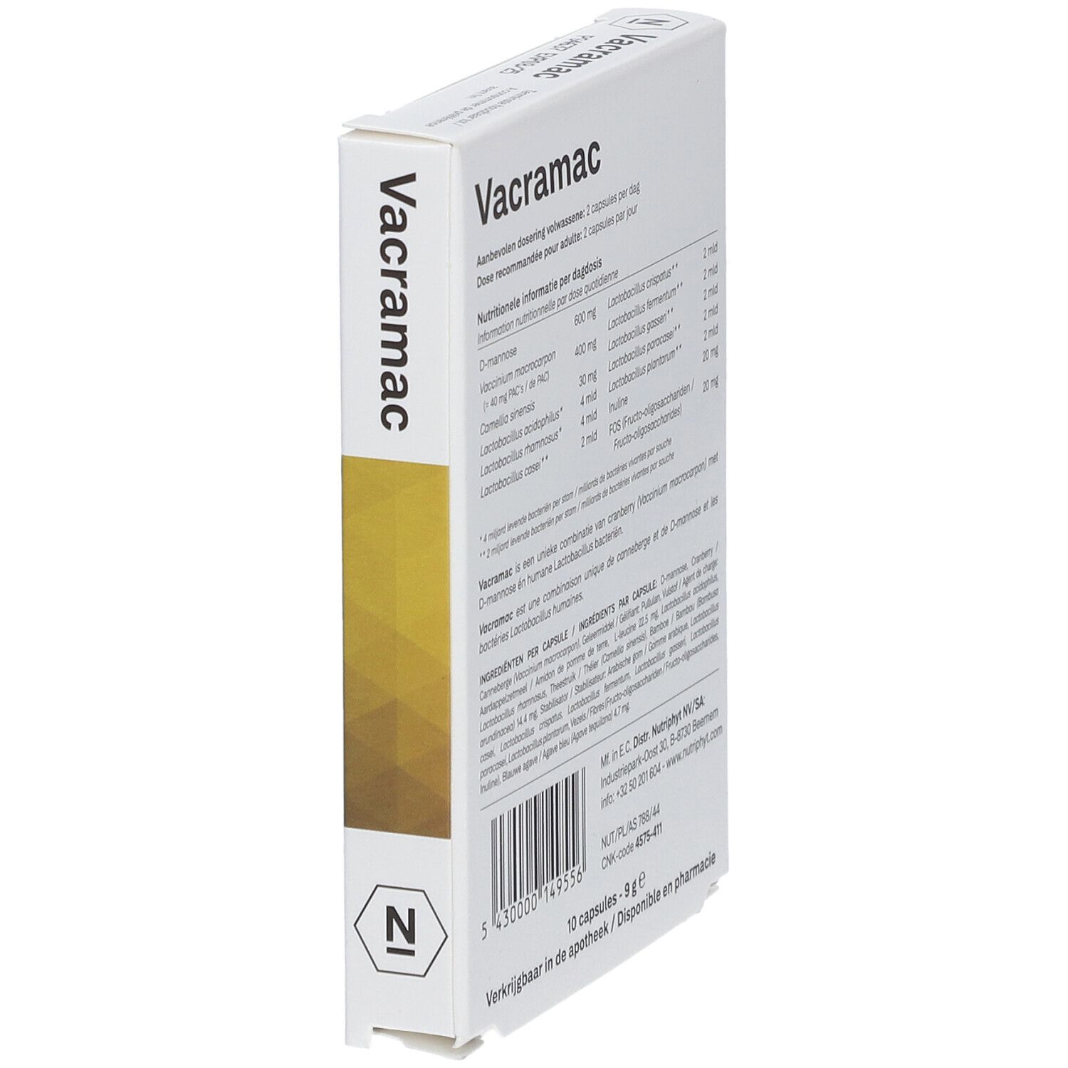 Vue en biais de l'emballage "Vacramac". Contient informations nutritionnelles et liste des ingrédients. 10 gélules, 9 g.