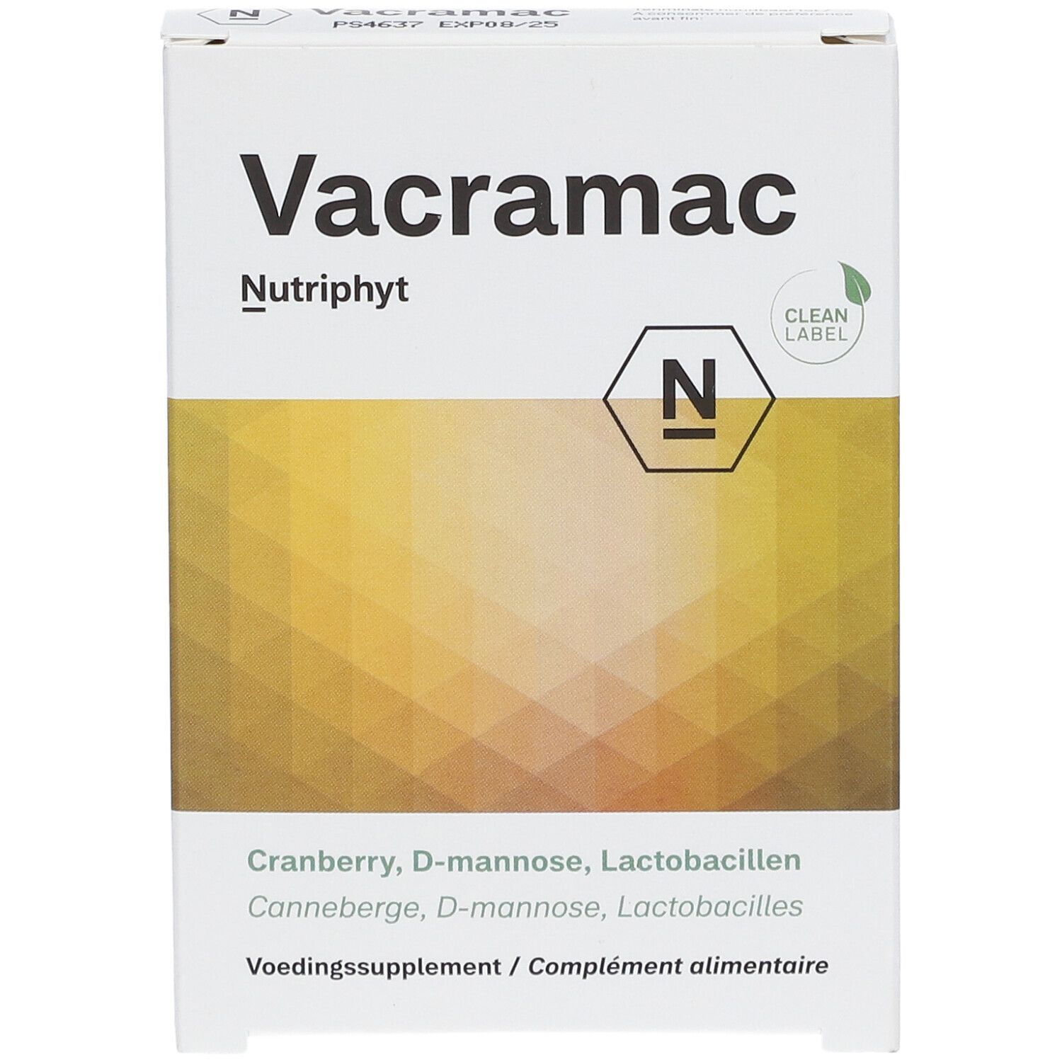 Boîte blanche "Vacramac" et "Nutriphyt". Contient cranberry, D-mannose et lactobacilles. Logo "Clean Label".