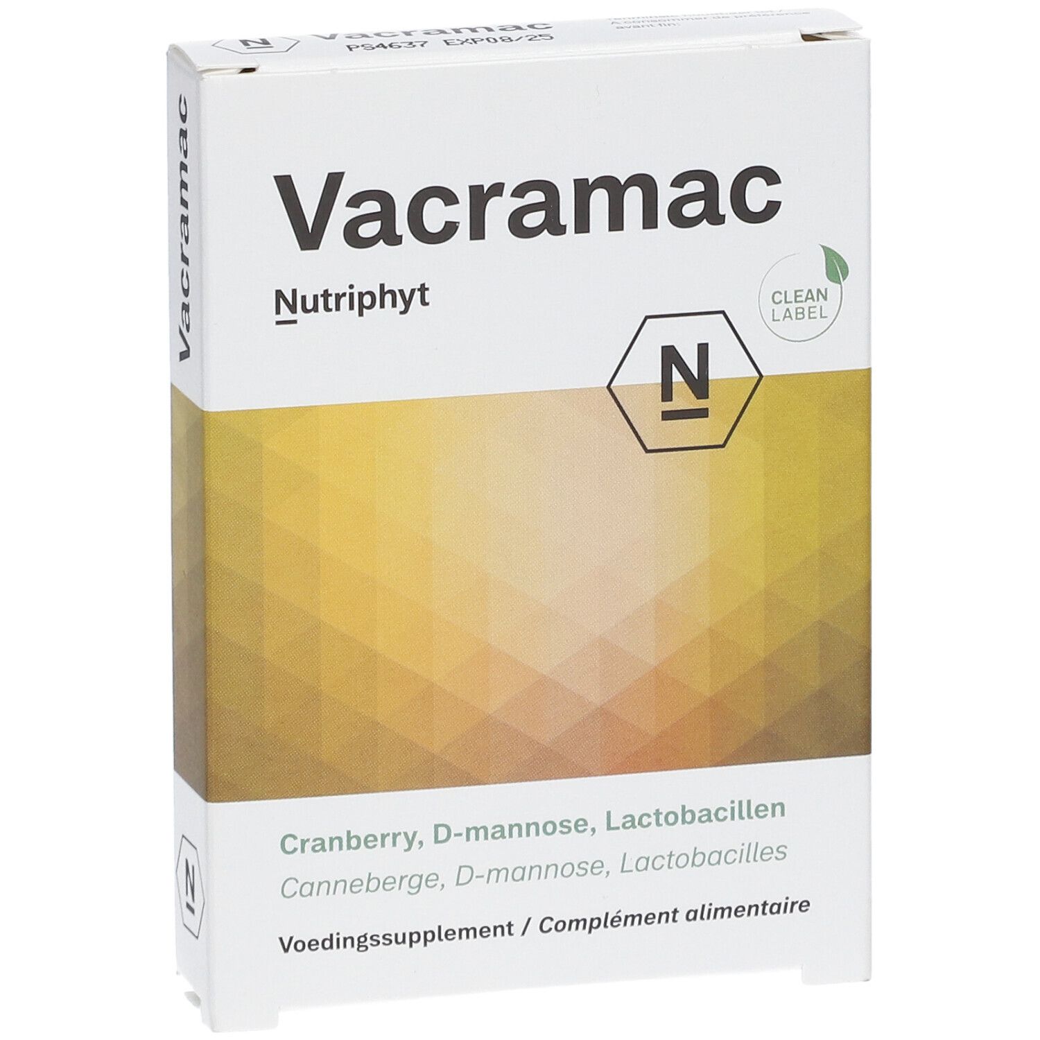 Boîte blanche "Vacramac" et "Nutriphyt". Contient cranberry, D-mannose et lactobacilles. Logo "Clean Label".
