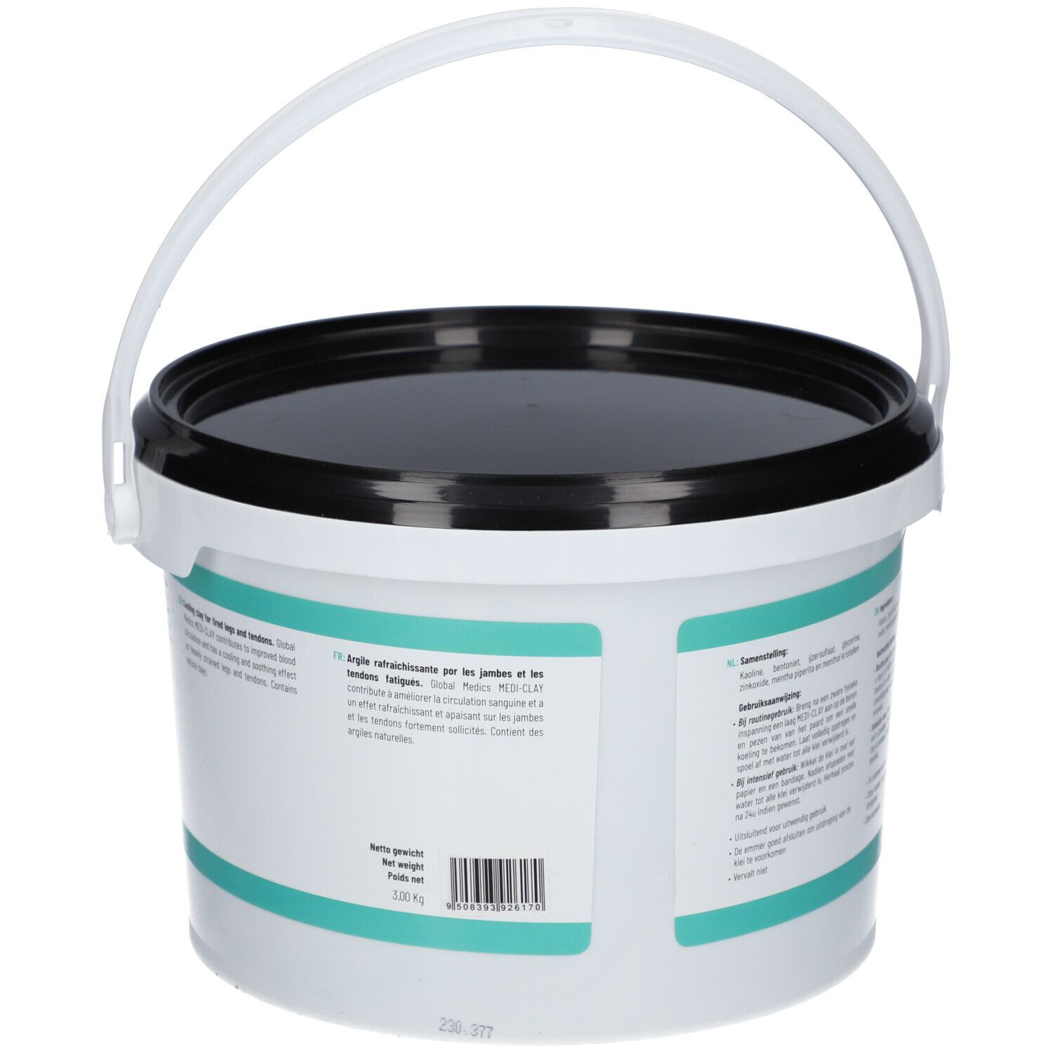 Rückseite eines weißen Eimers mit Produktinformationen, Barcode und Nettogewicht 3,0 kg.