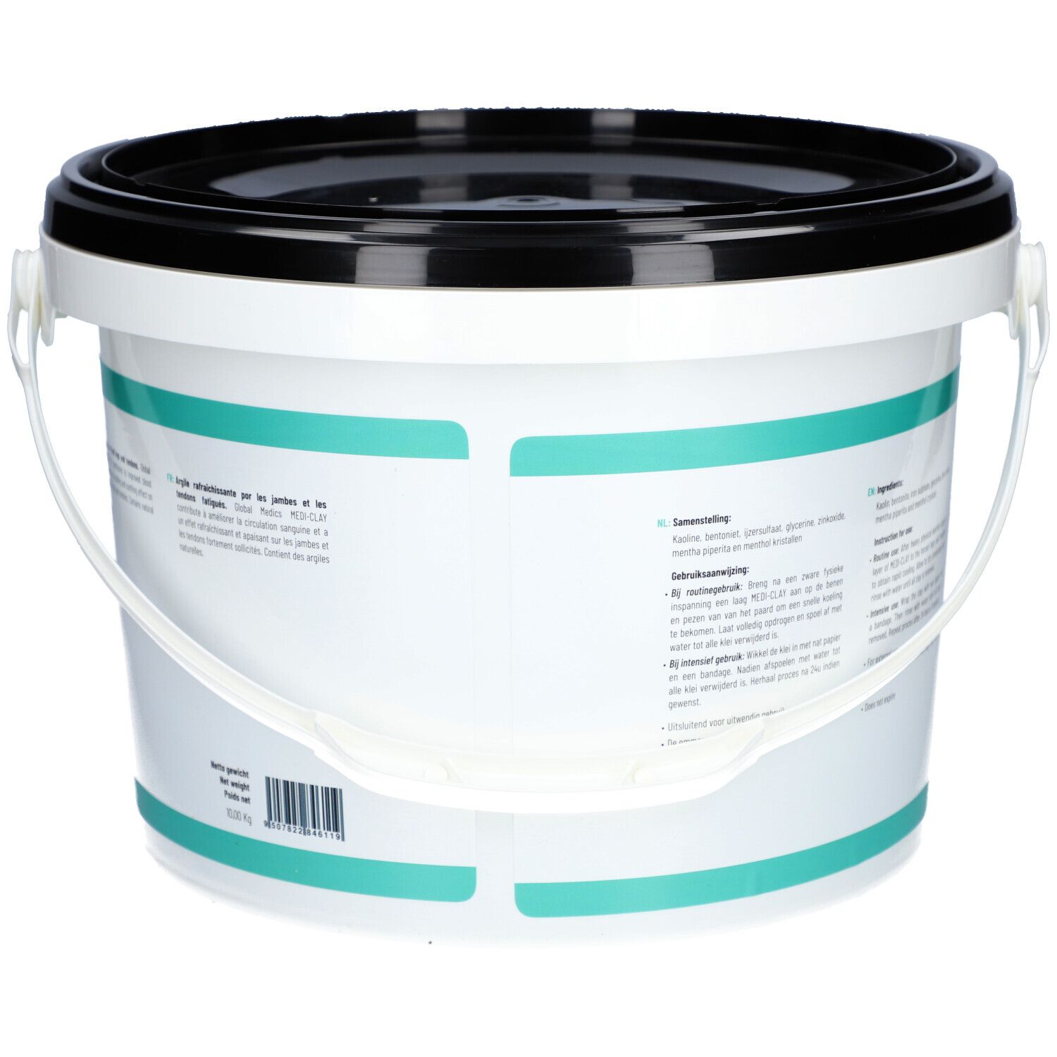 Weiße Kunststoffeimer mit schwarzem Deckel, Rückseite mit Produktinformationen und Barcode.