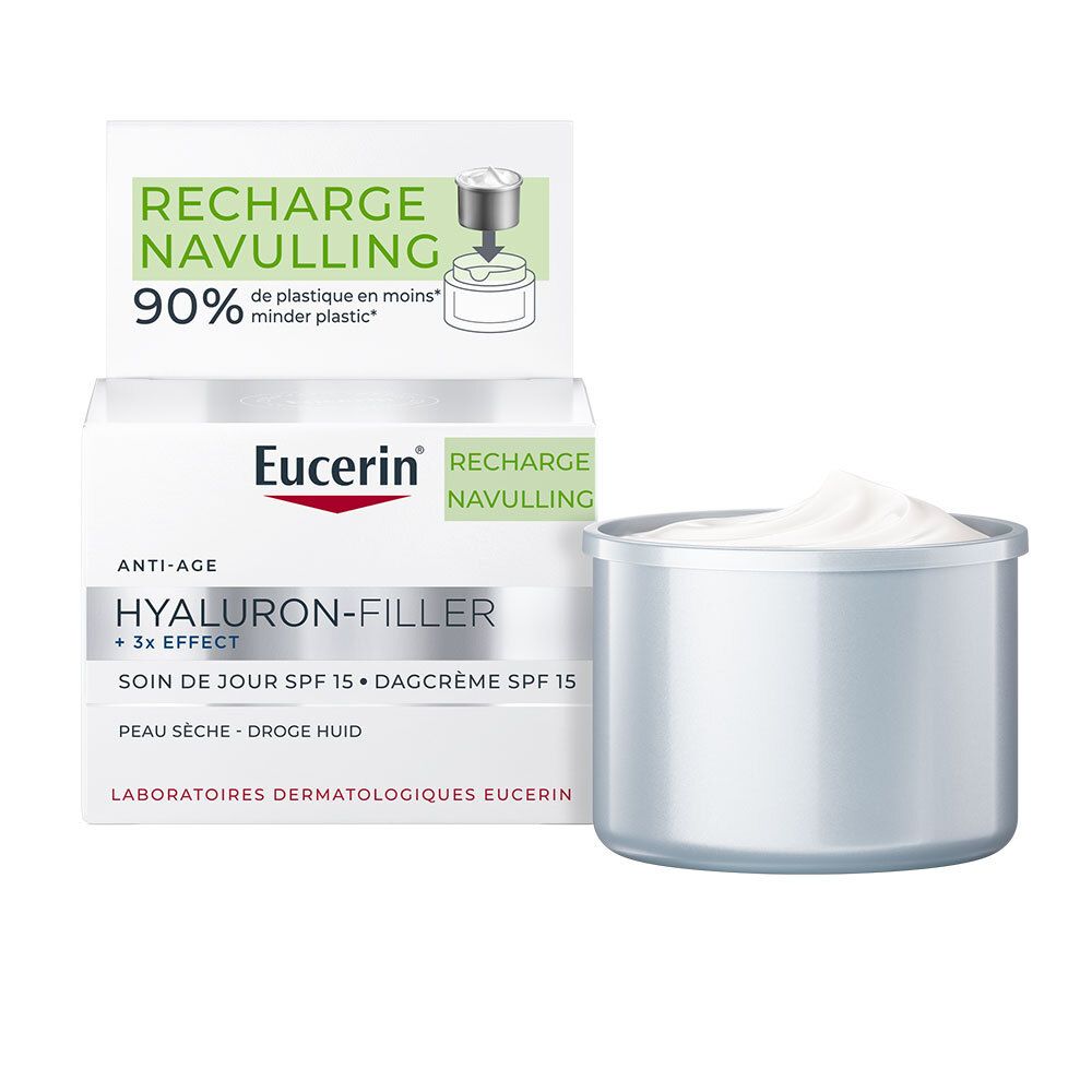 Eucerin Hyaluron-Filler + 3x Effect Crème de jour SPF15. Crème blanche en pot. Emballage avec informations.
