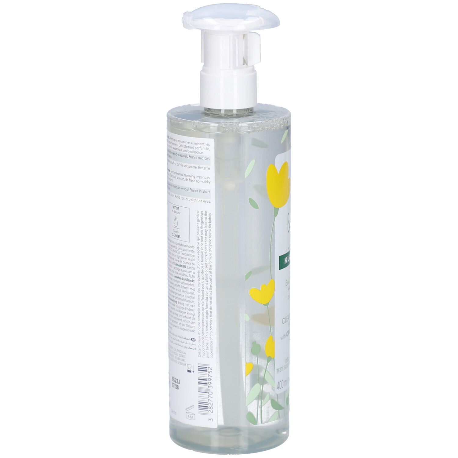 Rückseite der Flasche mit Text. Aufschrift: Klorane Bébé, Eau Nettoyante, Haute Tolérance. Inhaltsstoffe, Anwendungshinweise.