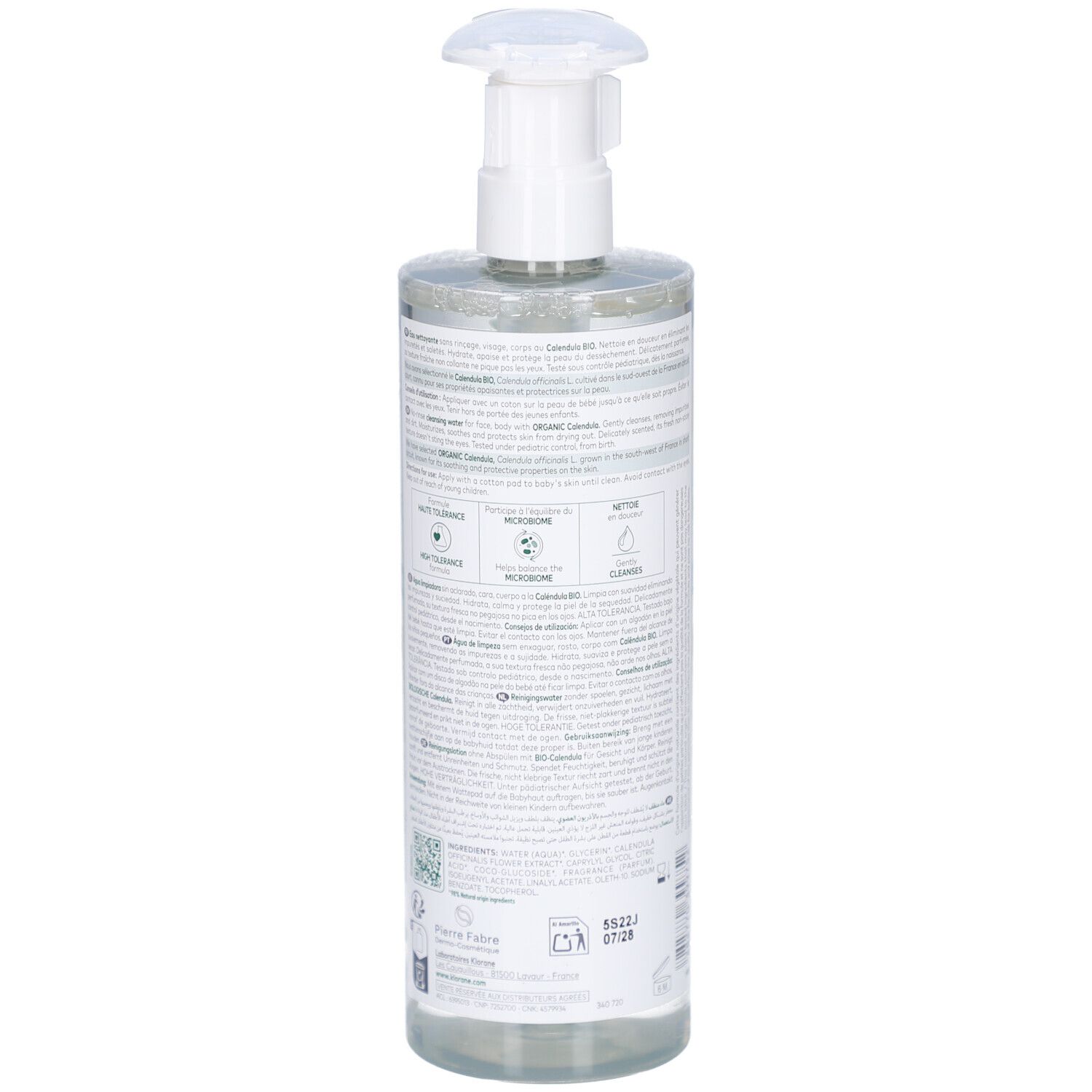 Rückseite der Flasche mit Text. Aufschrift: Klorane Bébé, Eau Nettoyante, Haute Tolérance. Inhaltsstoffe, Anwendungshinweise.