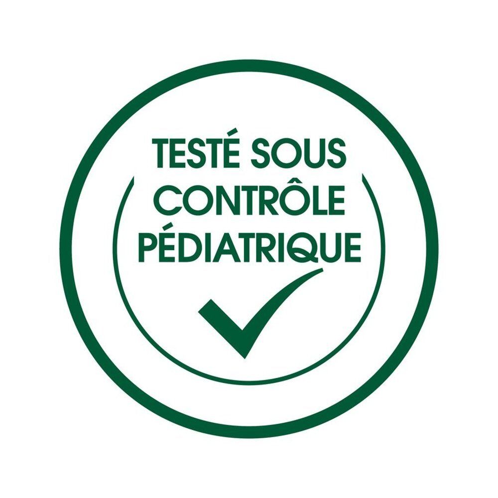 Logo vert rond avec texte: Testé sous contrôle pédiatrique. Case à cocher verte.