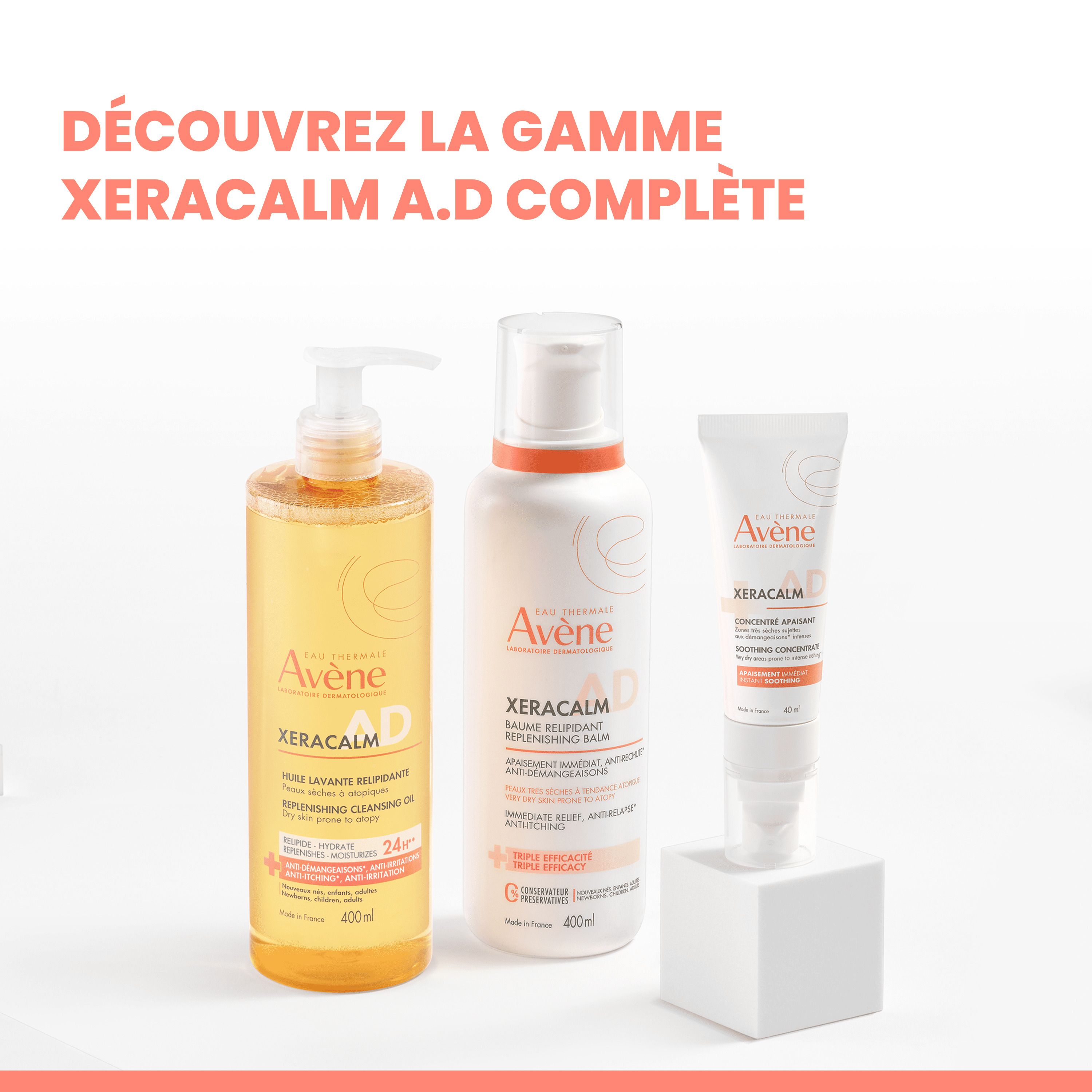 Huile lavante Avene Xeracalm A.D. et autres produits de la gamme.