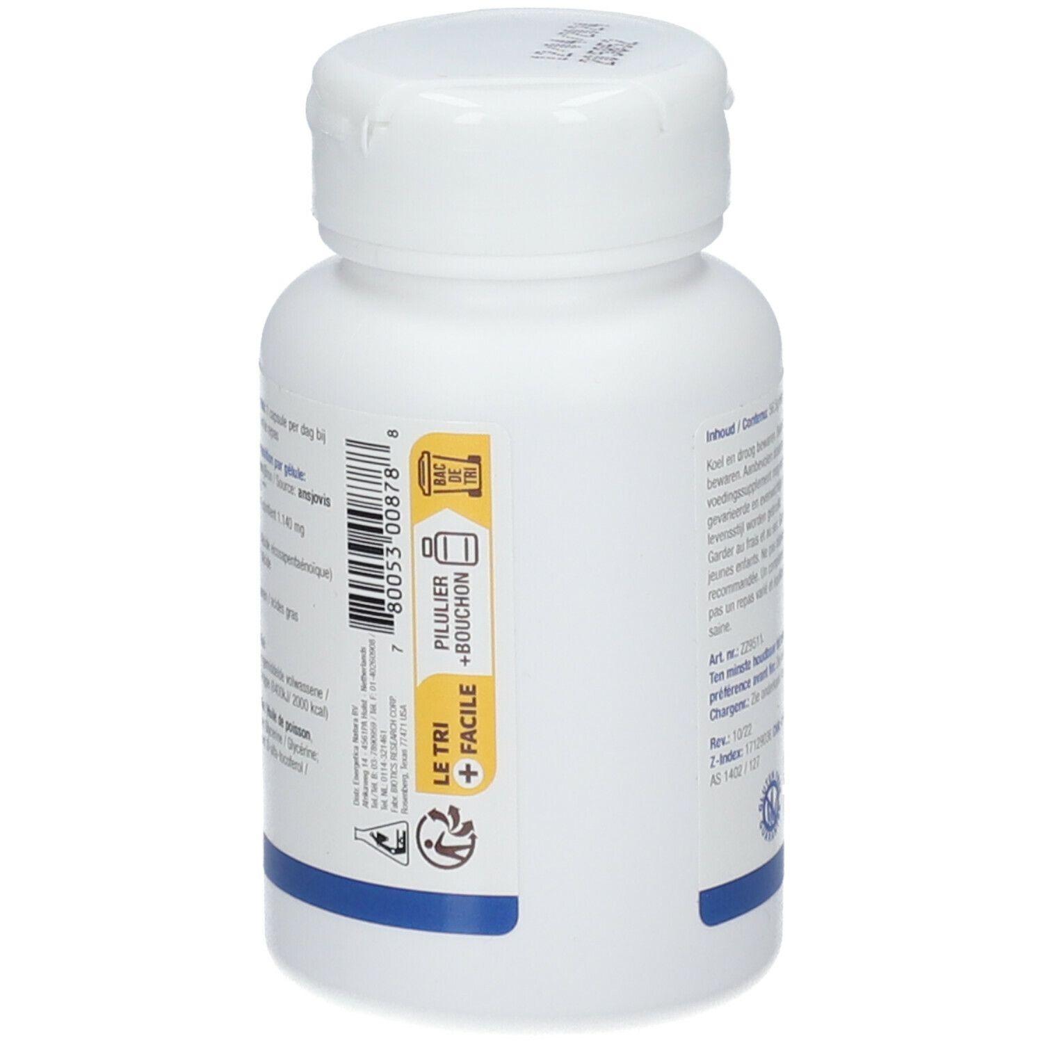 Rückseite einer weißen Flasche mit Kapseln. Aufkleber: Le Tri + Facile, Pillulier + Bouchon. Barcode.