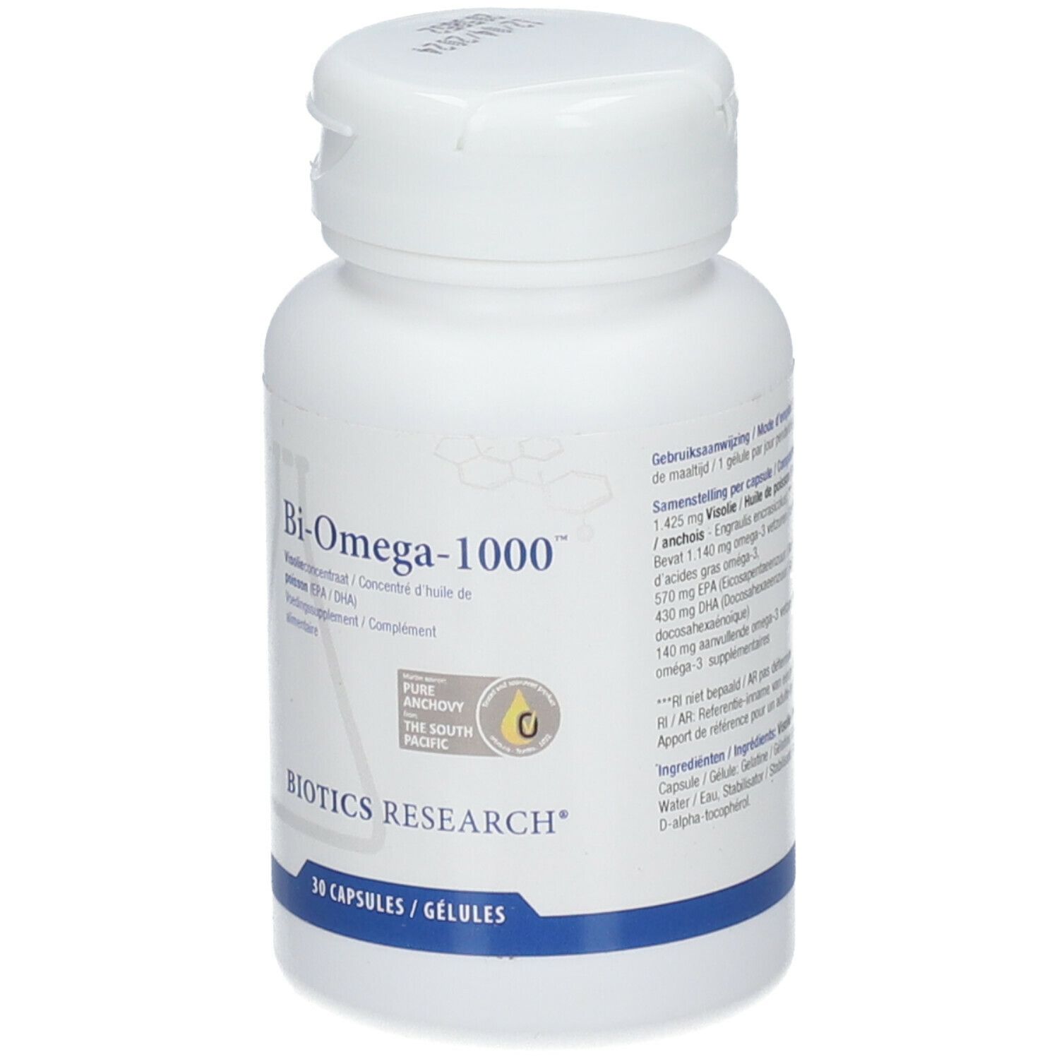 Weiße Flasche mit Kapseln. Aufschrift: Bi-Omega-1000, Biotics Research. 30 Kapseln/Gelules. Siegel: Pure Anchovy, The South Pacific.