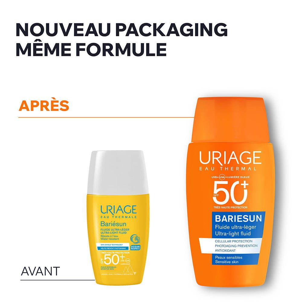 Comparaison avant-après. Uriage Bariésun, flacon orange.
