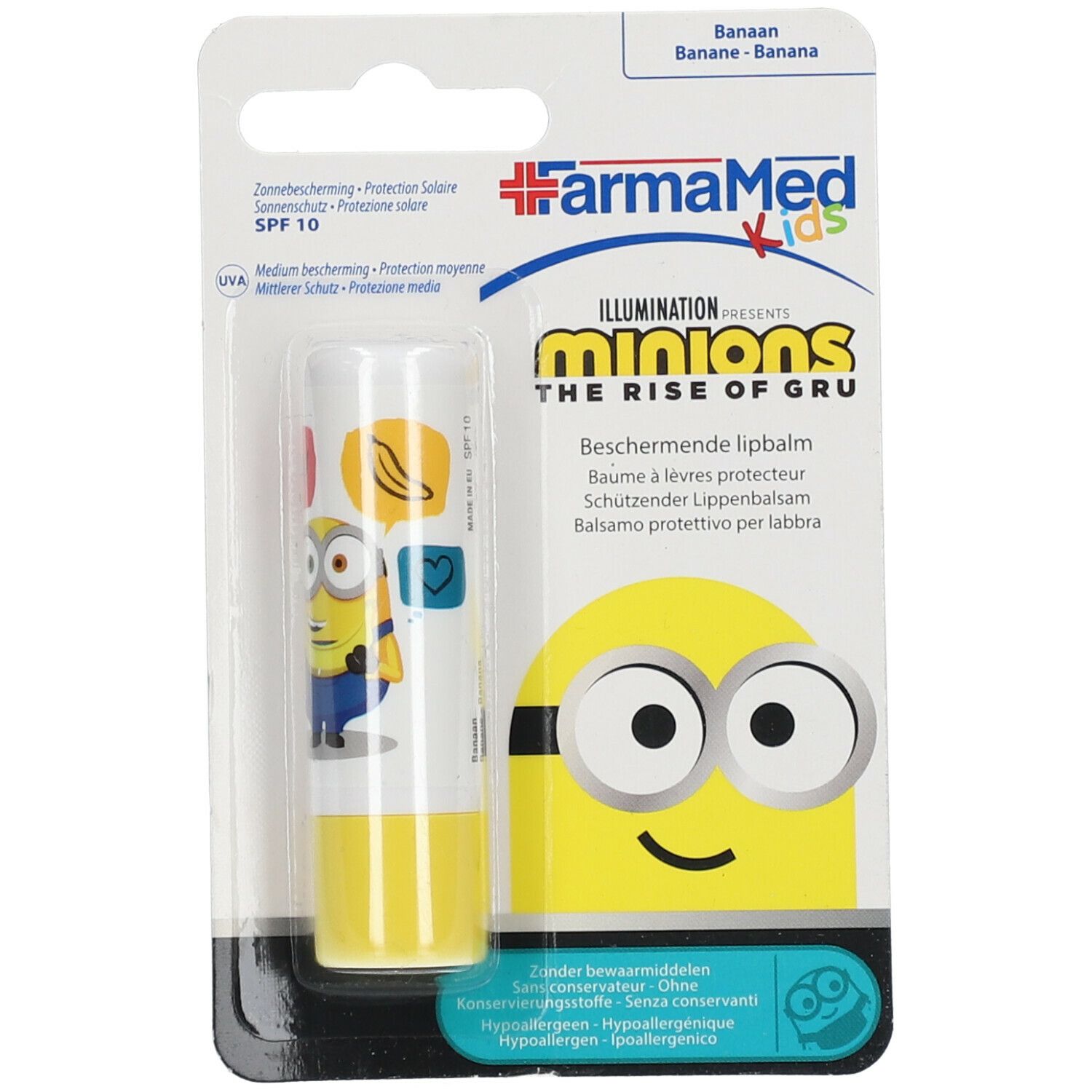 Lippenbalsam mit Minions-Motiv in Verpackung. SPF10. Aufschrift: FarmaMed Kids.