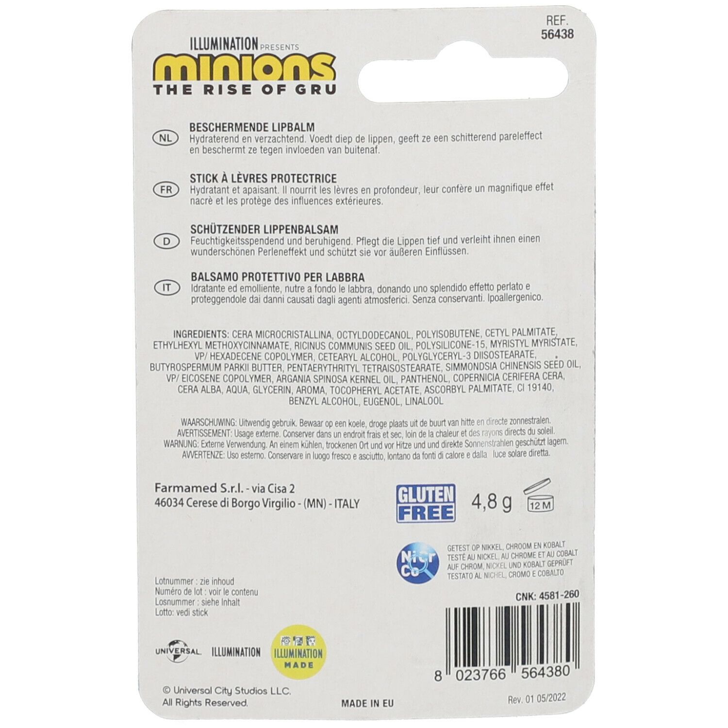 Rückseite der Lippenbalsam-Verpackung. Text in mehreren Sprachen. Glutenfrei-Logo.