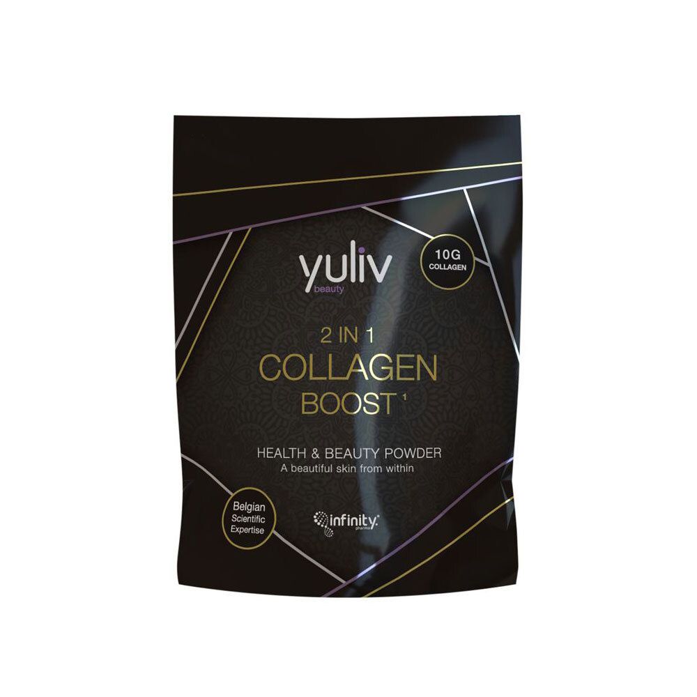 Emballage noir avec le nom du produit et l'inscription "2 in 1 Collagen Boost". Contient 10g de collagène. Expertise scientifique belge.