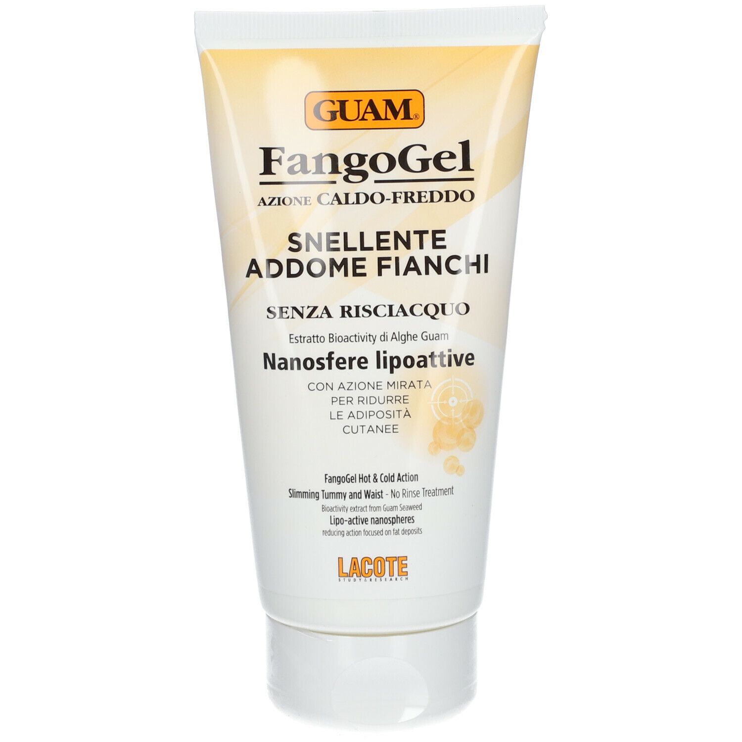 Creme-Tube mit Produktnamen und Logo. Gelb-weiße Tube mit Text in italienischer Sprache.