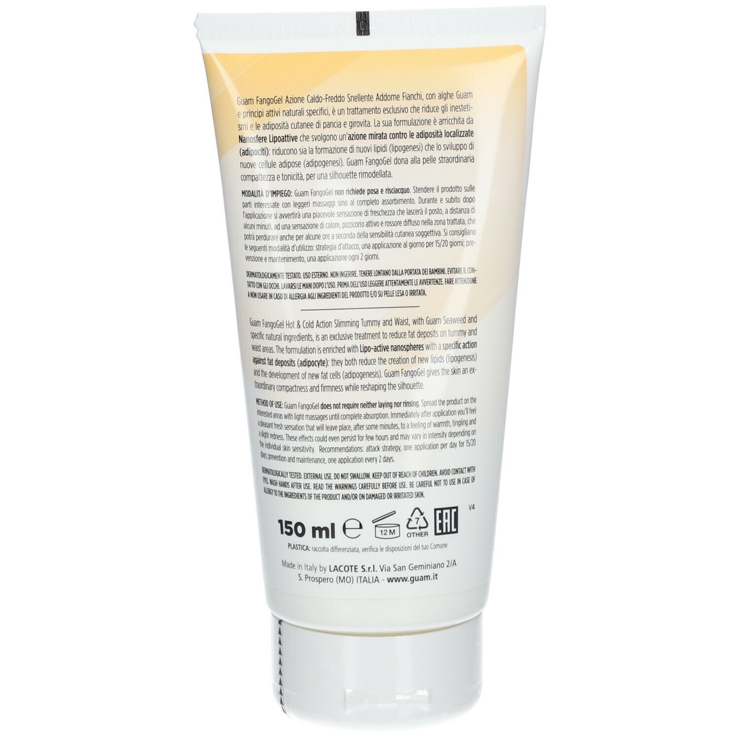 Rückseite einer Creme-Tube. Text in italienischer Sprache, Inhaltsangaben und Logos.