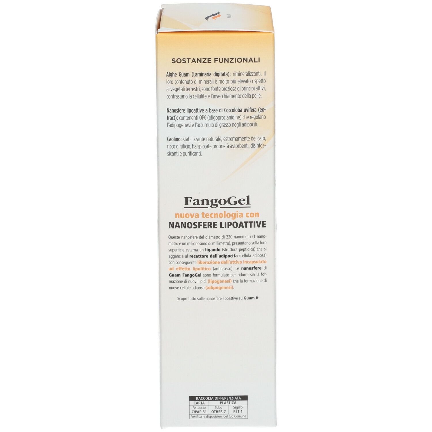 Produktverpackung. Seite mit Text in italienischer Sprache, Inhaltsangaben und Logos.