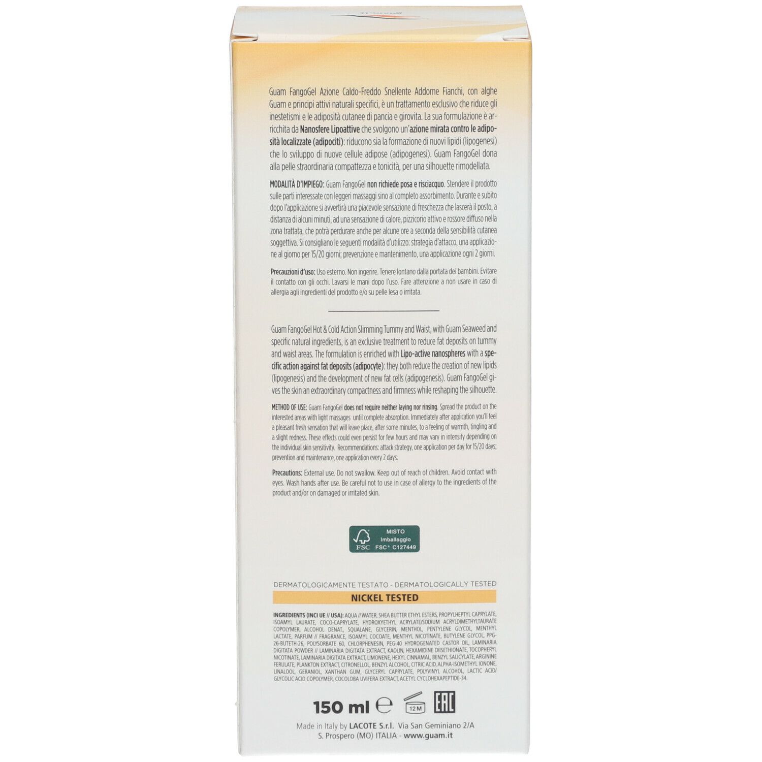 Produktverpackung. Seite mit Text in italienischer Sprache, Inhaltsangaben und Logos.