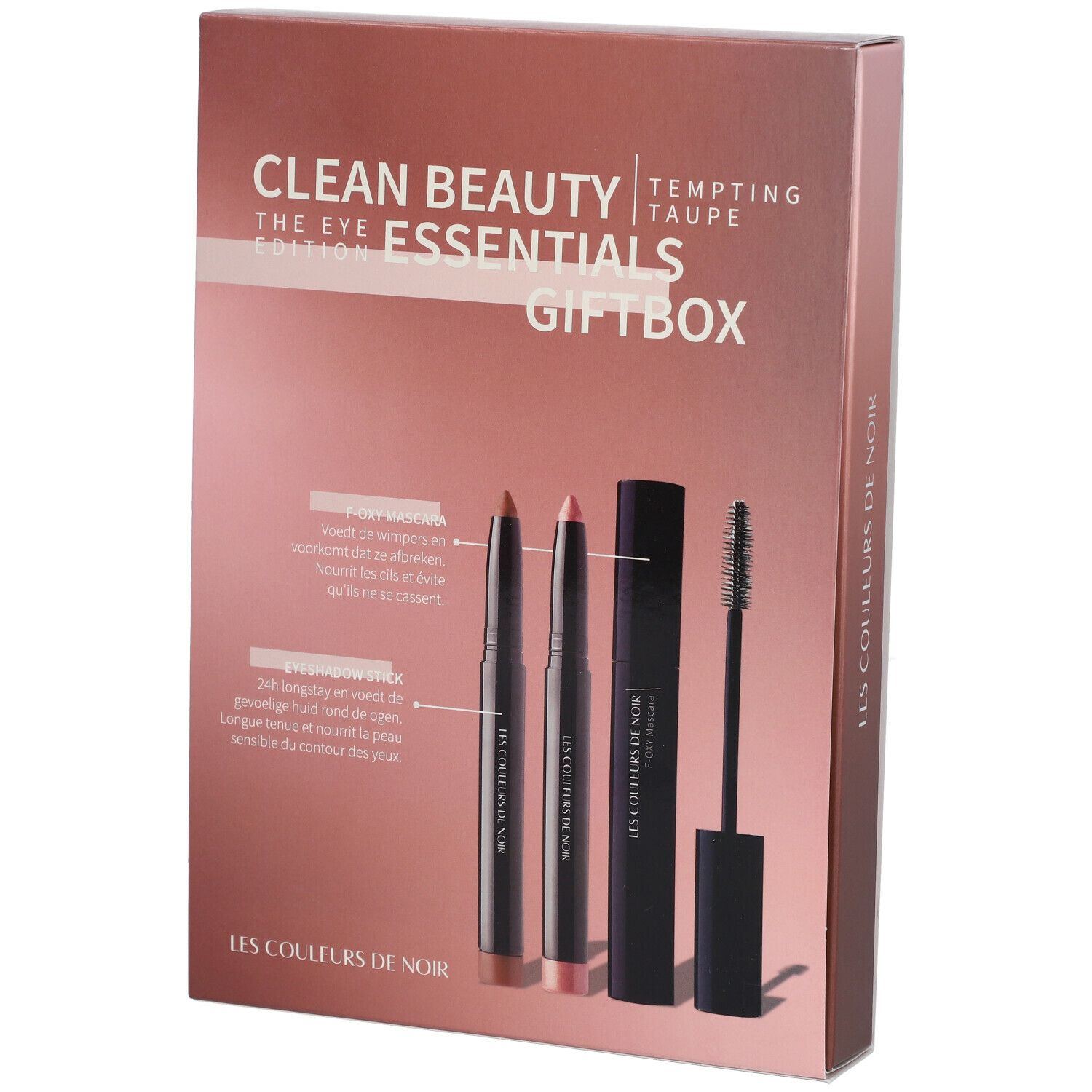 Coffret cadeau de produits cosmétiques. Contient mascara, crayon pour les yeux et rouge à lèvres. Inscription : LES COULEURS DE NOIR Essentials Giftbox.