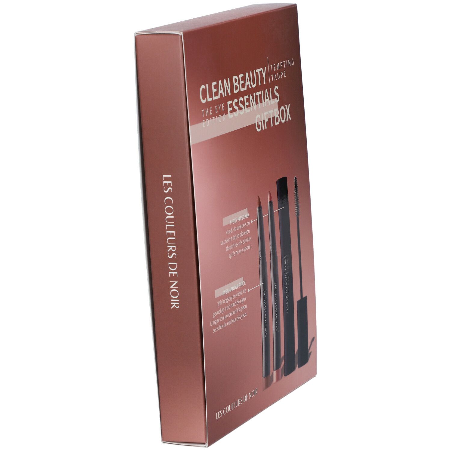 Coffret cadeau incliné avec produits cosmétiques. Inscription : LES COULEURS DE NOIR Essentials Giftbox. Contient mascara, crayon et rouge à lèvres.