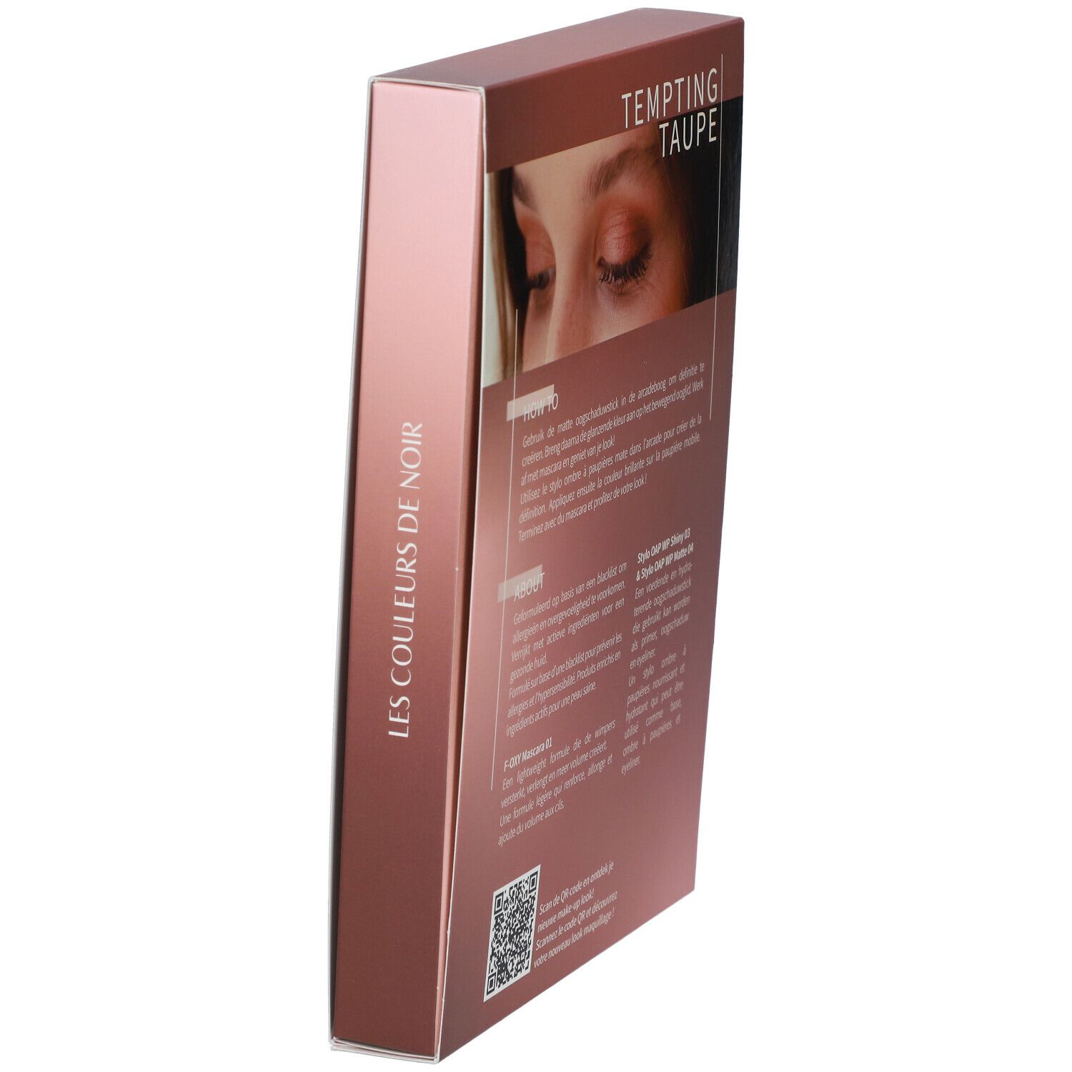 Coffret cadeau incliné. Inscription : LES COULEURS DE NOIR. Image d'yeux. Texte au dos.