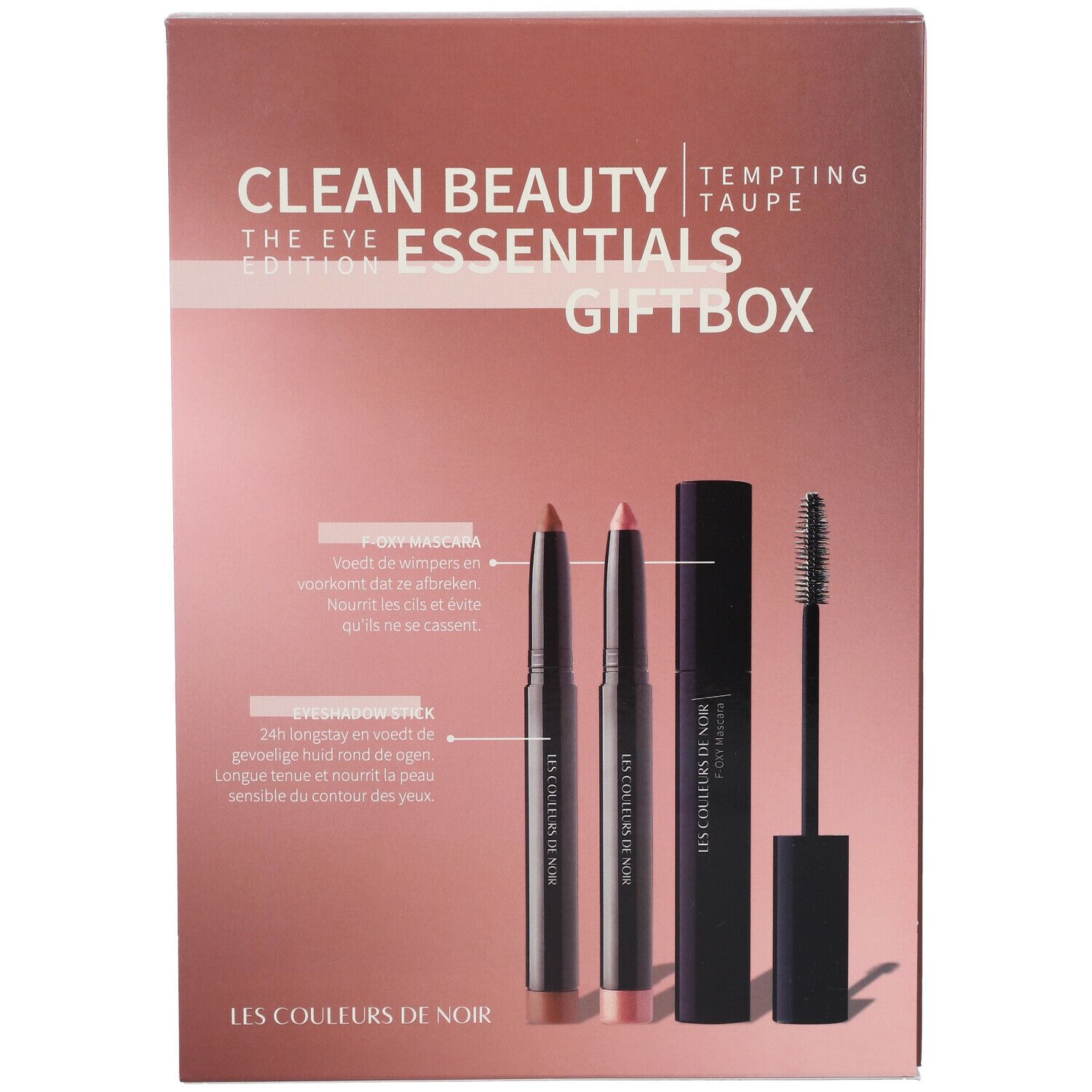 Coffret cadeau de produits cosmétiques. Contient mascara, crayon pour les yeux et rouge à lèvres. Inscription : LES COULEURS DE NOIR Essentials Giftbox.