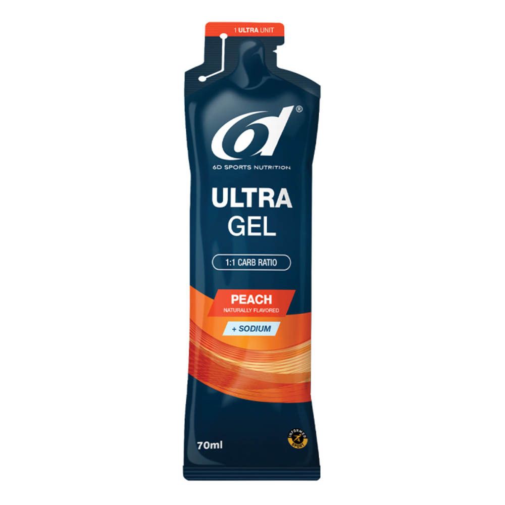 Sachet de gel bleu foncé avec texte blanc. Inscription "Ultra Gel" et "Peach". Bande orange. 70ml.