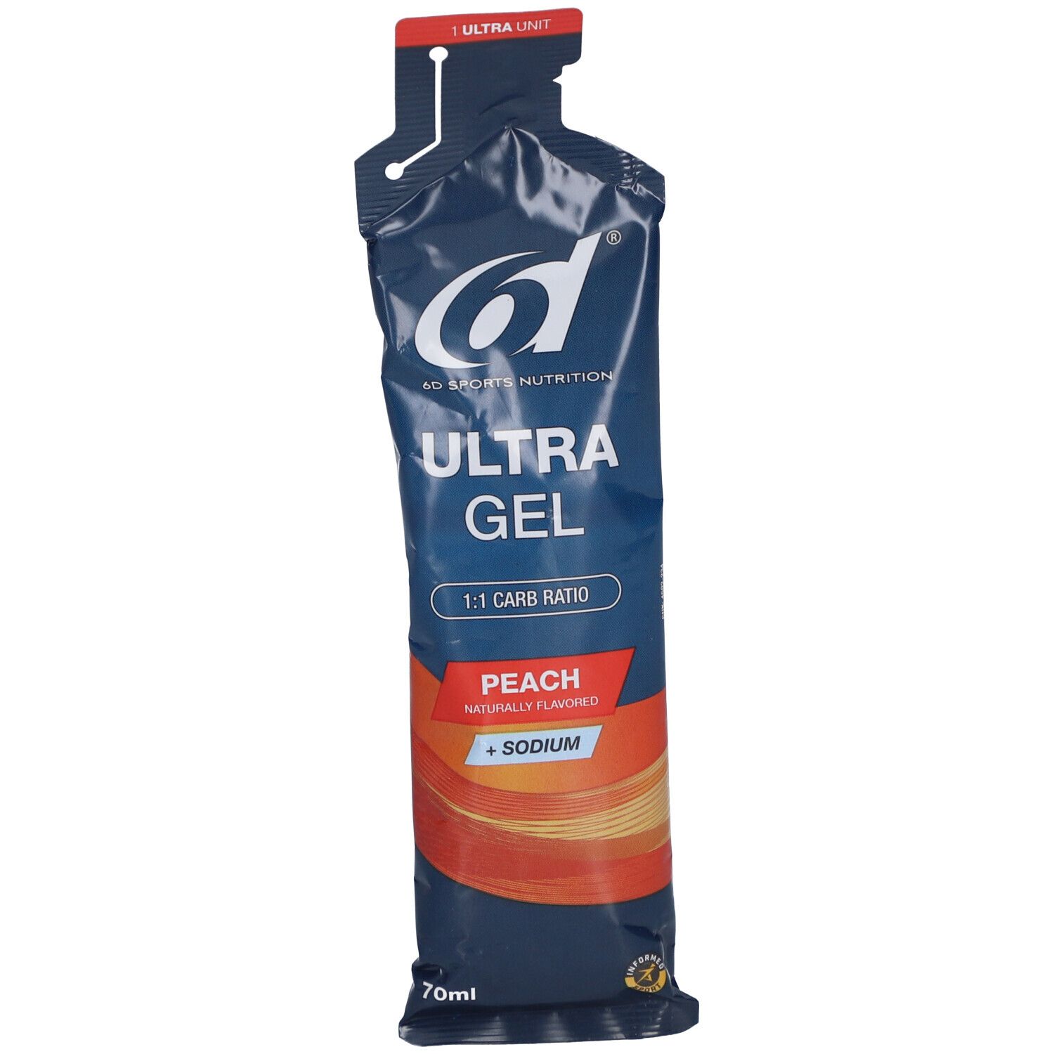 Gel-Beutel, dunkelblau mit weißer Schrift. "Ultra Gel" und "Peach" Schriftzug. Orangefarbener Streifen. 70ml.