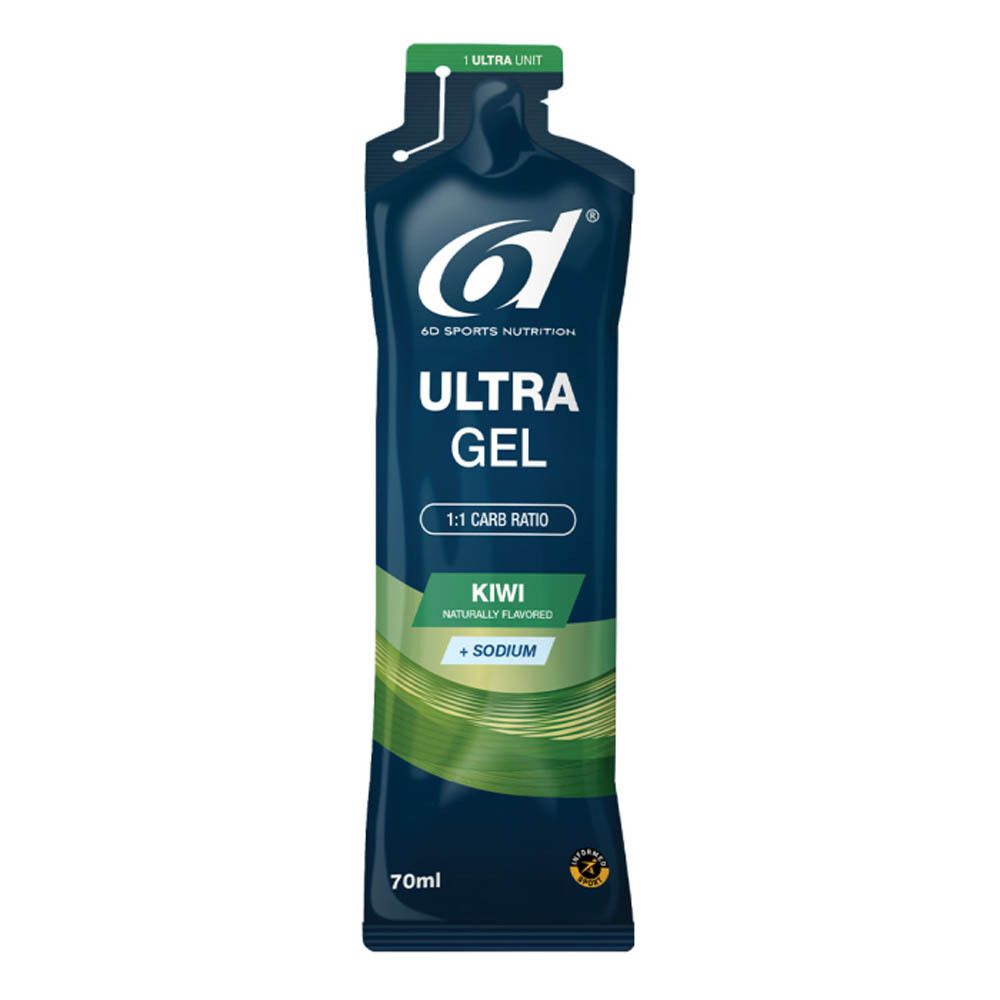 Sachet de gel bleu foncé et bande verte. Inscription: 6D Sports Nutrition, Ultra Gel, Kiwi, 1:1 Carb Ratio, + Sodium. 70ml.