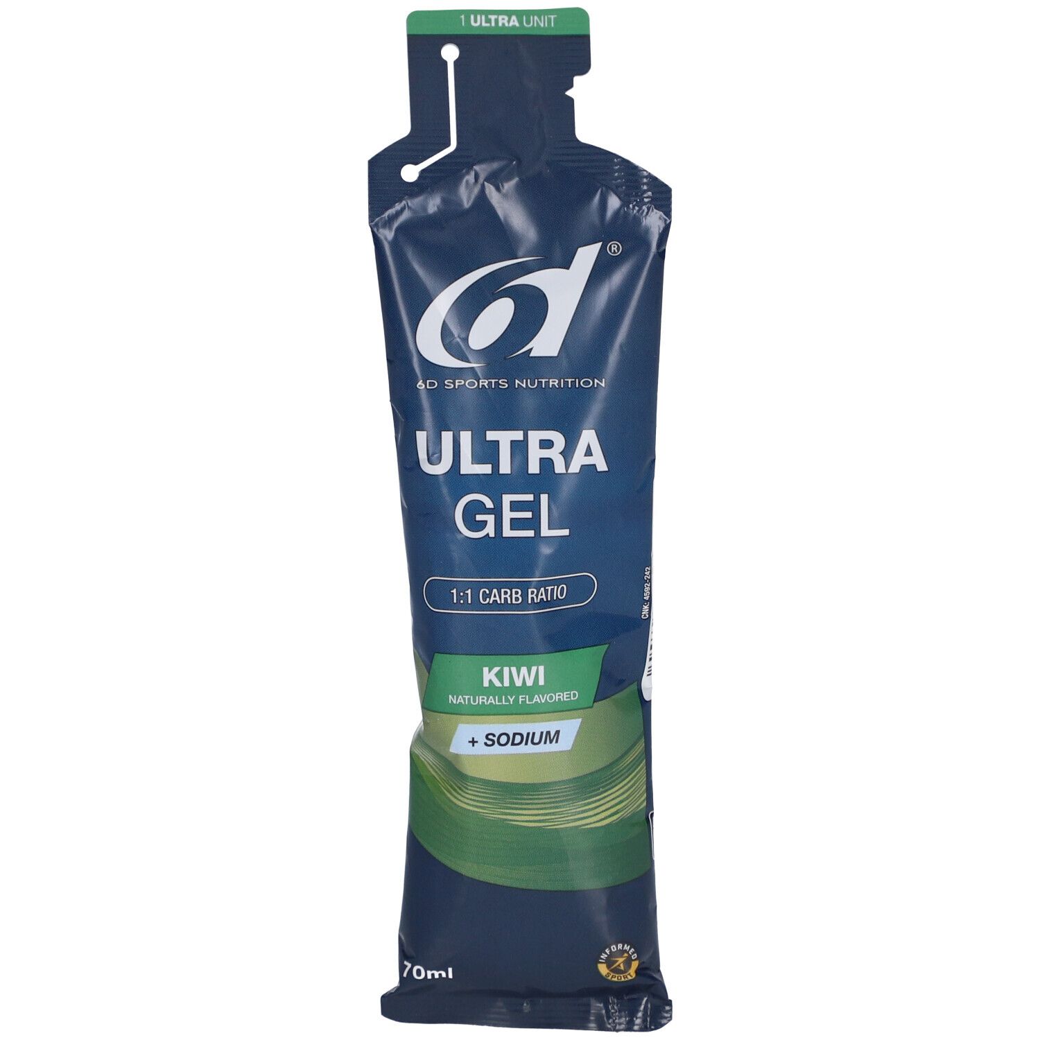 Gel-Beutel, dunkelblau mit grünem Streifen. Aufschrift: 6D Sports Nutrition, Ultra Gel, Kiwi, 1:1 Carb Ratio, + Sodium. 70ml.