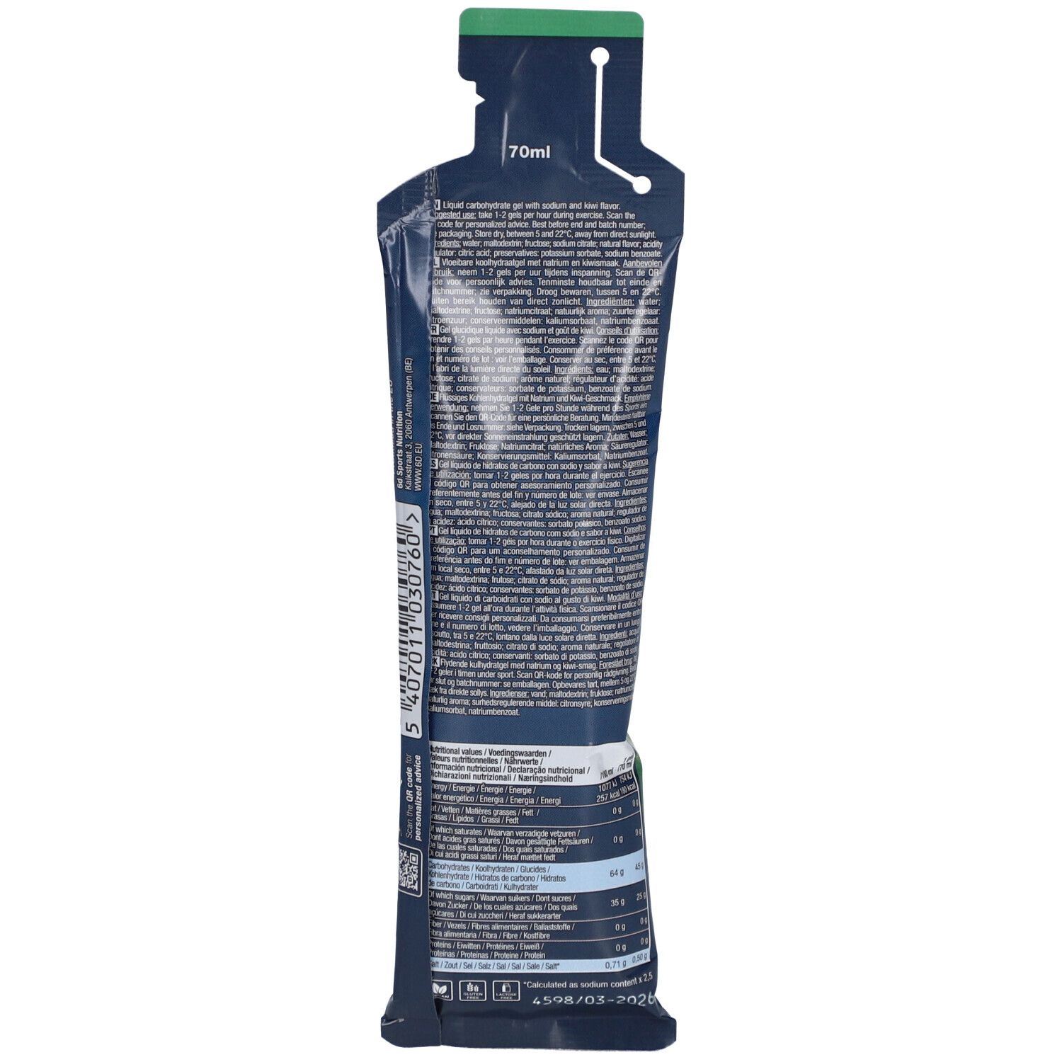 Rückseite des Gel-Beutels. Text in mehreren Sprachen. Enthält Nährwertangaben und weitere Informationen. 70ml.