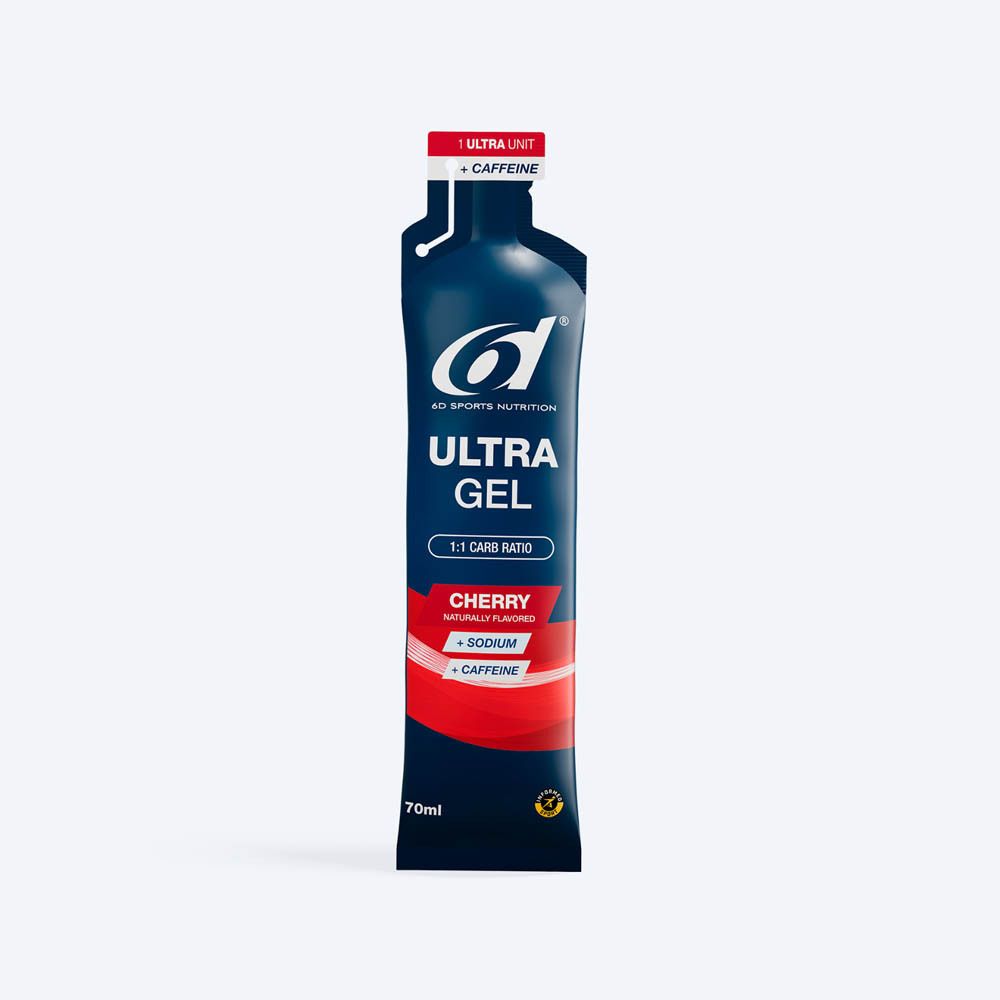 Sachet individuel 6D Ultra Gel. Emballage bleu avec nom du produit, goût cerise et caféine. 70ml.